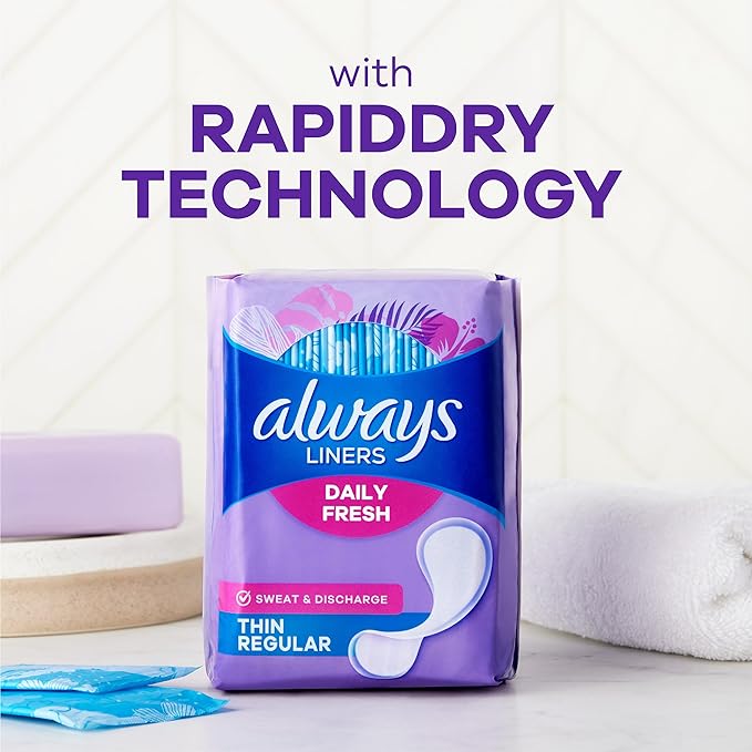 Always Daily Fresh Thin Liners, Regular Absorbency, Unscented Panty Liners, 216 Count (Packaging May Vary)