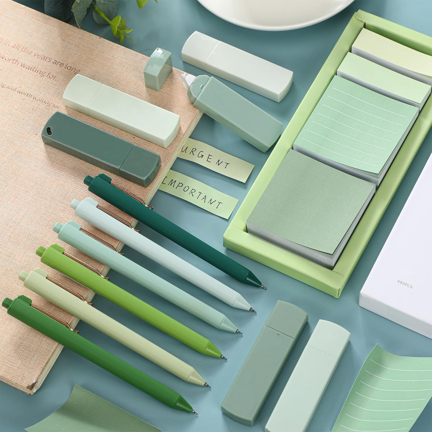 Resurhang Aesthetic Stationery Set Supplies Sticky Notes Set 6 Mini Correction Tapes 6 Retractable Black Ink Pens 0.5mm Fine Point Paper Corrective Pen Self Stick Index Tabs(Green)