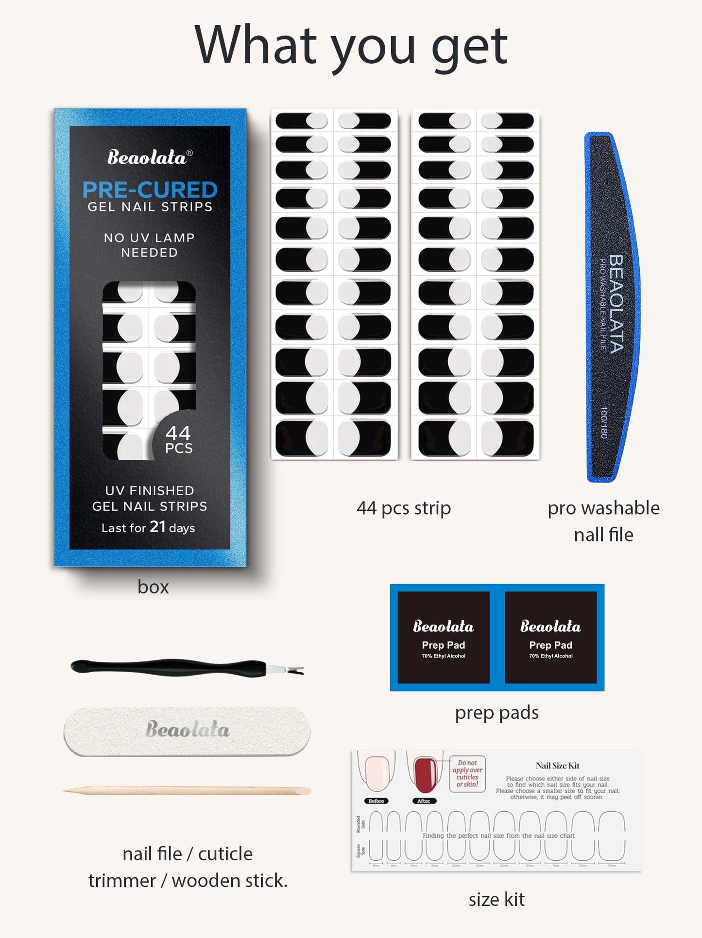 Beaolata Real Gel Nail Strips (No UV Light Needed) - 44Pcs Salon Quality Nail Stickers - Long Lasting Polish Wraps for Women, Easy Apply & Remove (Midnight Tip)