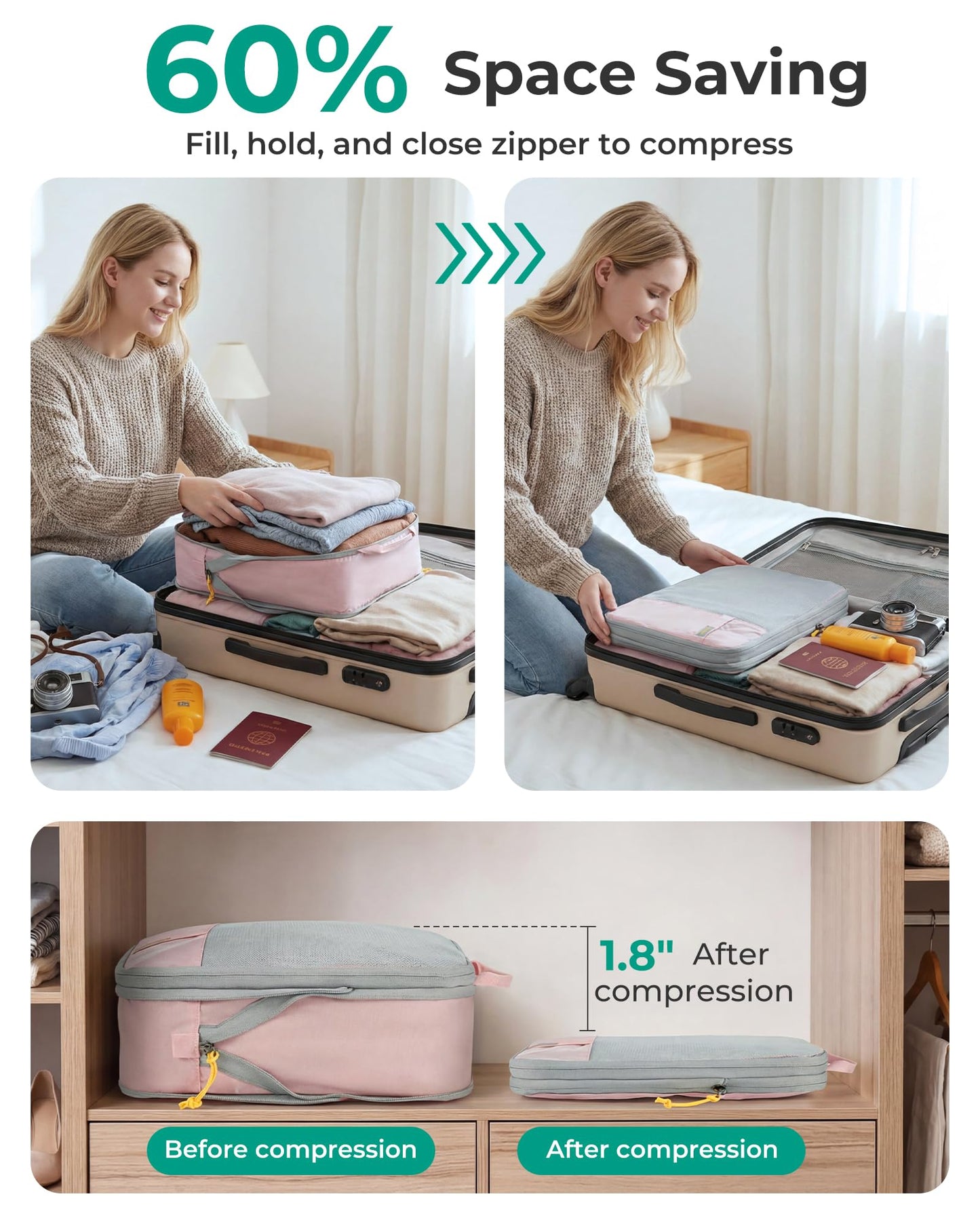 BAGSMART Compression Packing Cubes for Travel, Lightweight Luggage Organizer Bags, Durable Space Saver Bags Travel Essentials, 6 Set