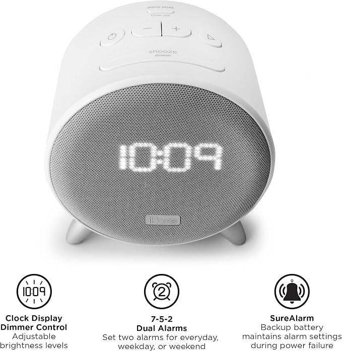 iHome Bluetooth Alarm Clock with 5W USB Charger, Dimmable LED Clock Display and Dual Alarms, Ideal for Bedroom, Home Office and Dorm Room