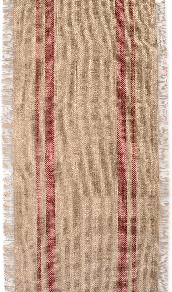 DII Jute Burlap Collection Kitchen Tabletop, Table Runner, 14x108, Double Border Barn Red