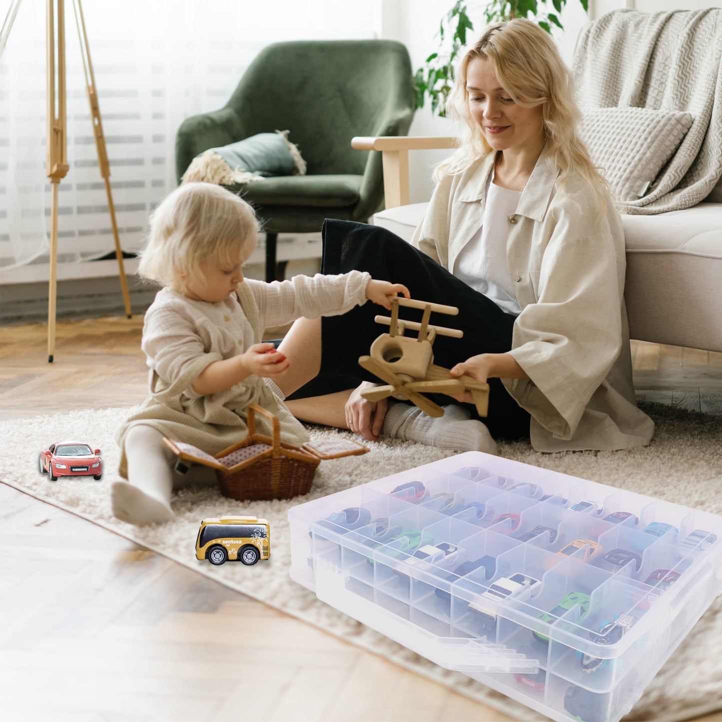 KISLANE Double Sided Toy Car & Doll Storage Case - 48 Compartments, Portable Transparent Case
