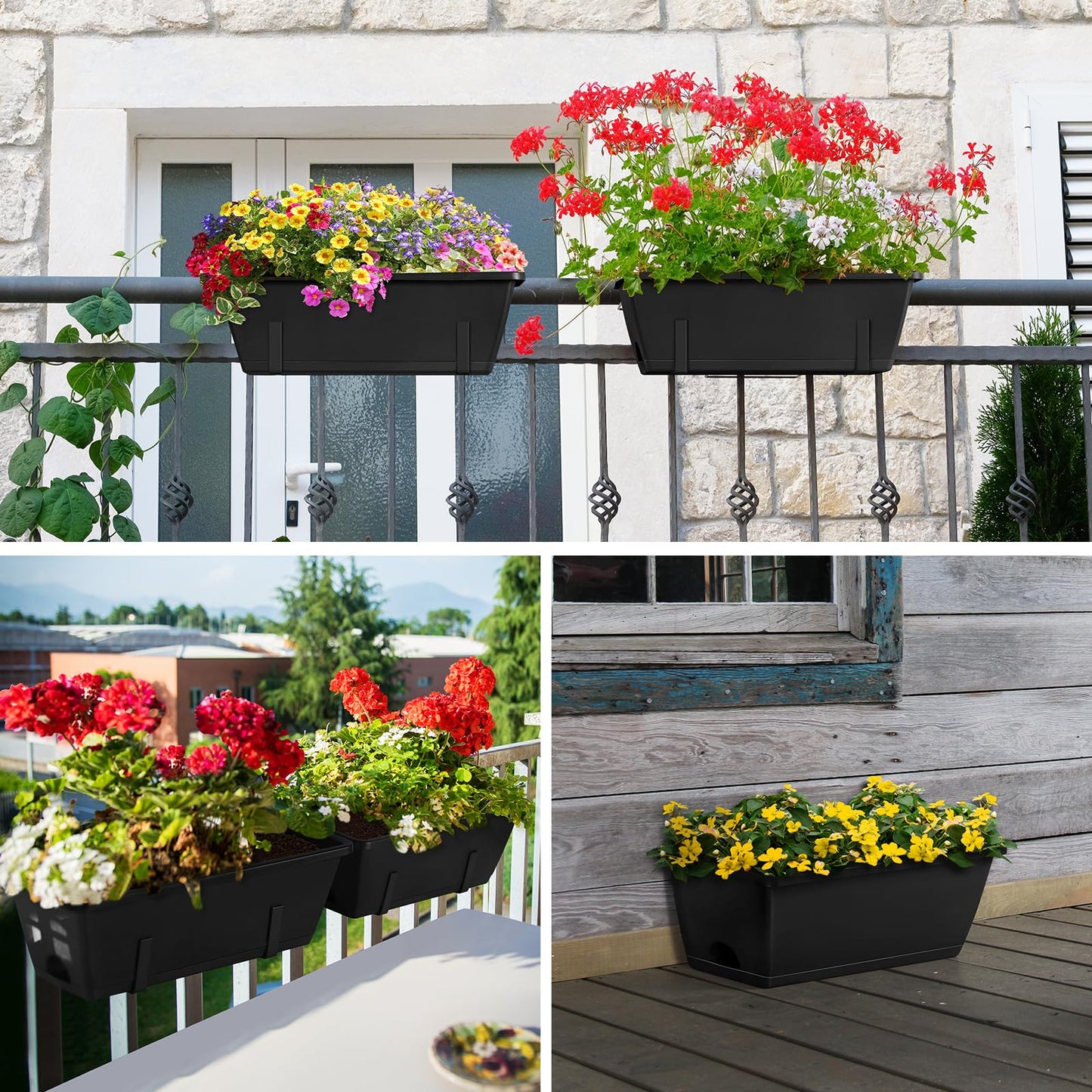 ETELI Railing Planter Hanging and Planter Box Brackets Set 6 Pack Adjustable Deck Window Boxes Planters with Drainage Holes for Garden Railing Fence, Black