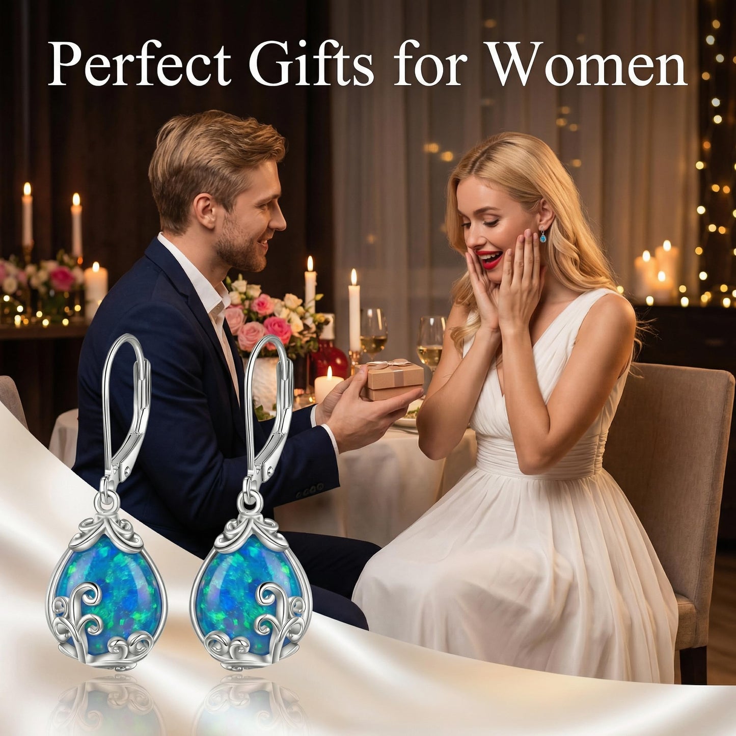POPLYKE Blue Opal Filigree Teardrop Drop Dangle Earrings Sterling Silver Leverback Earrings Opal Jewelry Gifts for Women