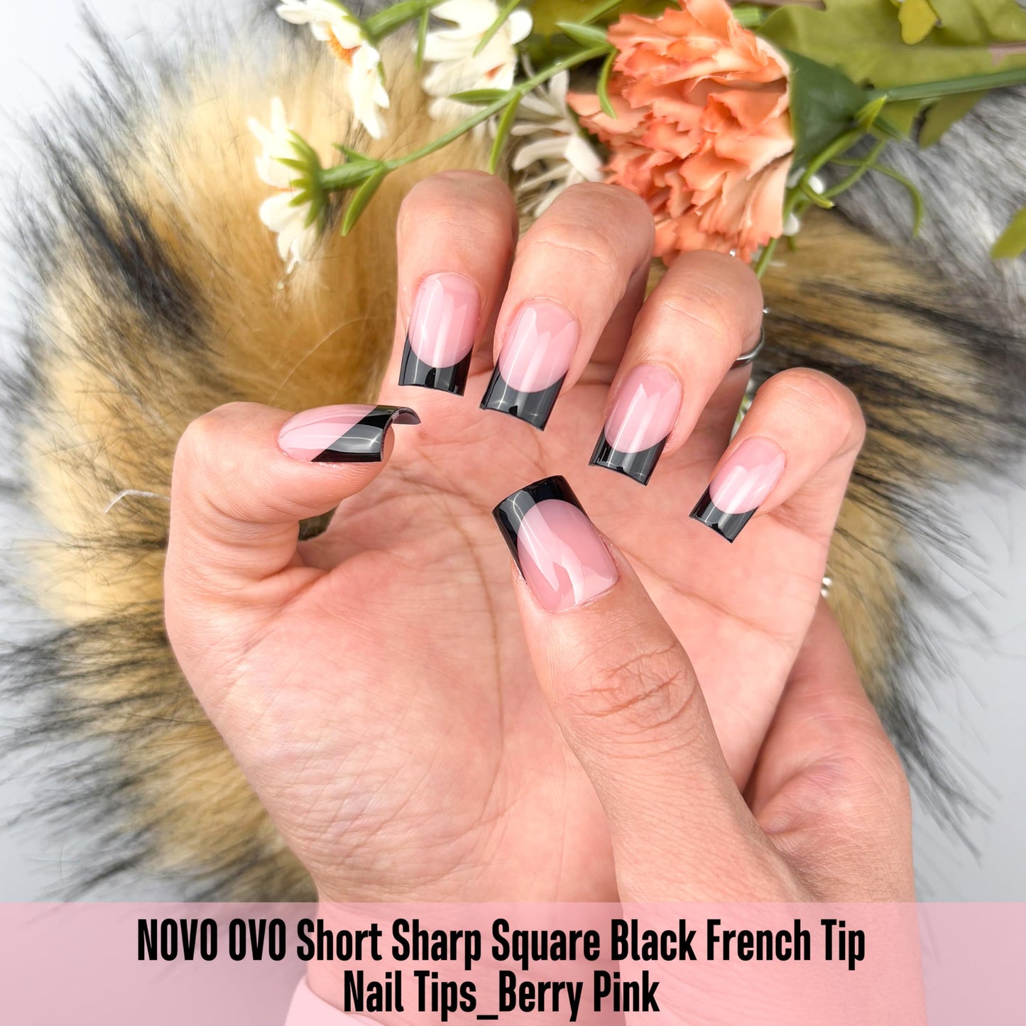 NOVO OVO Short Sharp Square Black French Tip Nail Tips Press on BERRY PINK, Extra Thick NEED Nail Glue Builder Gel Top Coat, Soft Gel Full Cover Fake Flase Nail Extension for DIY x 15 Sizes 240 pcs