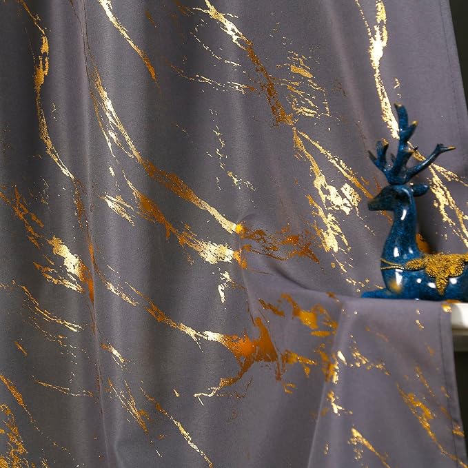 Taisier Home Gold Foil Print Linen Textured Curtains Geometric Marble Pattern Design Curtains for Dollhouse Light Filtering Window Treatment 2 Panels 63" L,Soft Grey and Gold Print