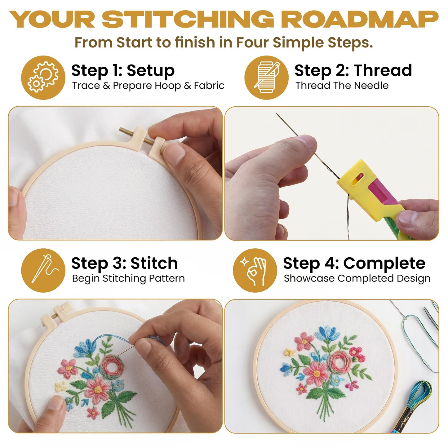 KEFF Craft Embroidery Kit for Beginners - 100 Embroidery Thread Colors, 4 Hoops, Scissors, Needles, Pins, Blank Fabrics & Tools – Cross Stitch Supplies, Cross Stitch Kits, Arts and Crafts for Adults