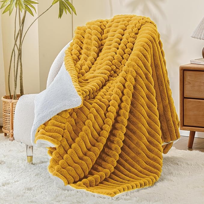 INFIIXSO Sherpa Throw Blanket for Couch - Super Soft & Warm Striped Fleece Blanket, Cozy Plush Fluffy Blanket All Season Use (Mustard Yellow, 50x60 Inches)