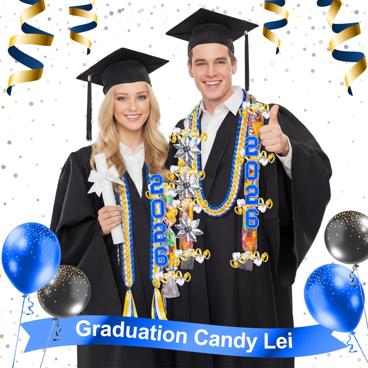 Spakon 13 Pcs Graduation Leis 2026 Graduation Candy Lei Kit Class of 2026 Ribbon Double Lei Necklace Party Accessories(Blue,White,Gold)