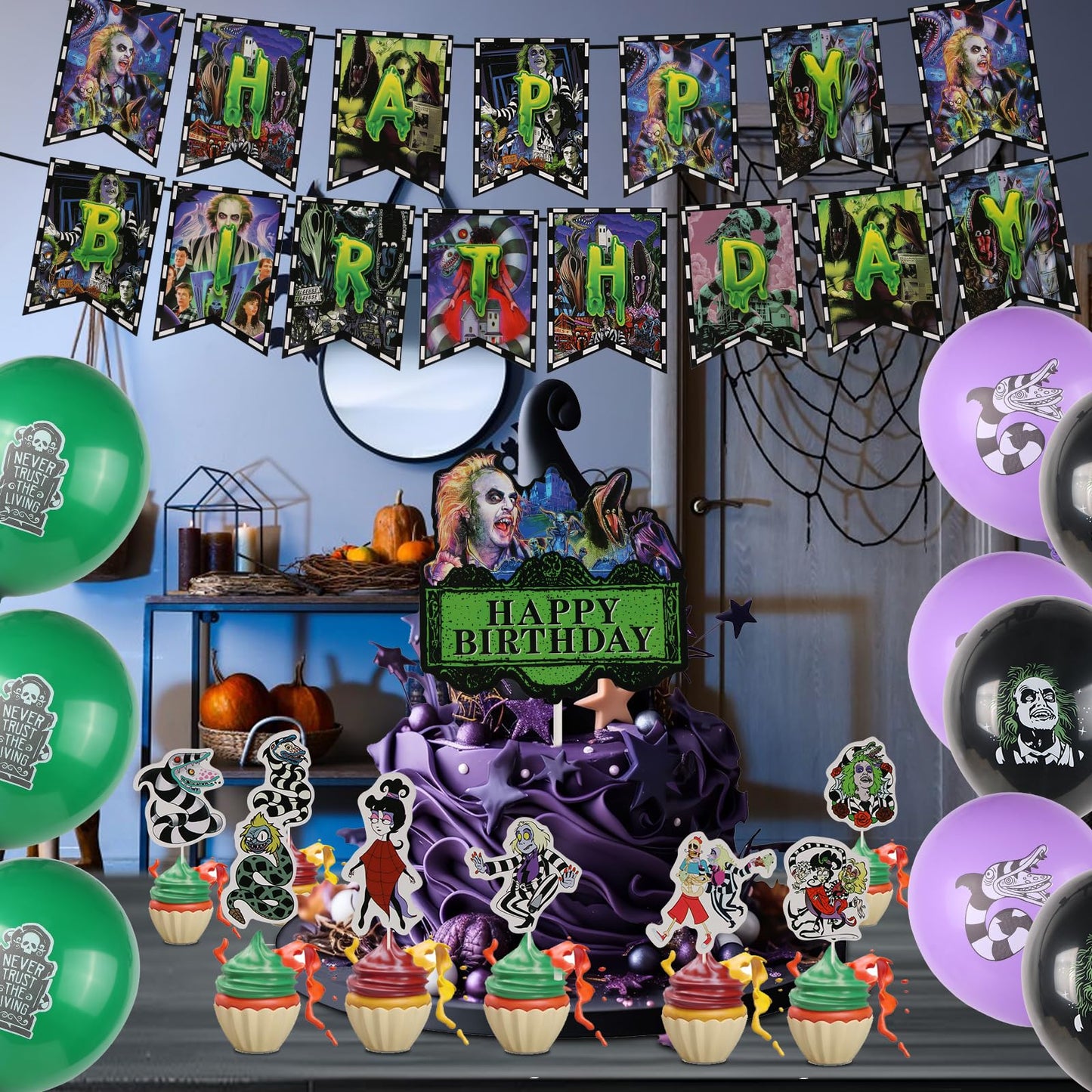 Horror Birthday Party Decorations, Halloween Birthday Party Supplies Decorations Set Include Banner, Balloons, Cake Toppers and Cupcake Toppers for Home Classroom Decor