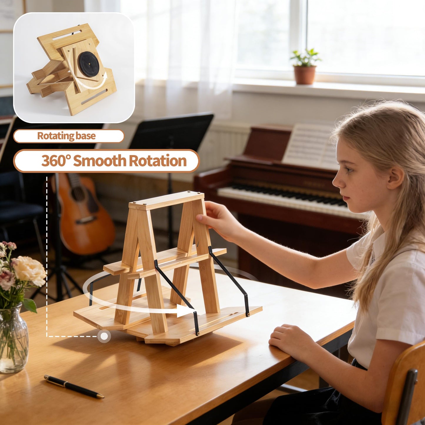 THOUSANDSUNNY Bamboo Medical Coding Book Stands, Two-Sided Rotating Books Holder for Reading in Desktop for Large Book and Bible Thick Books