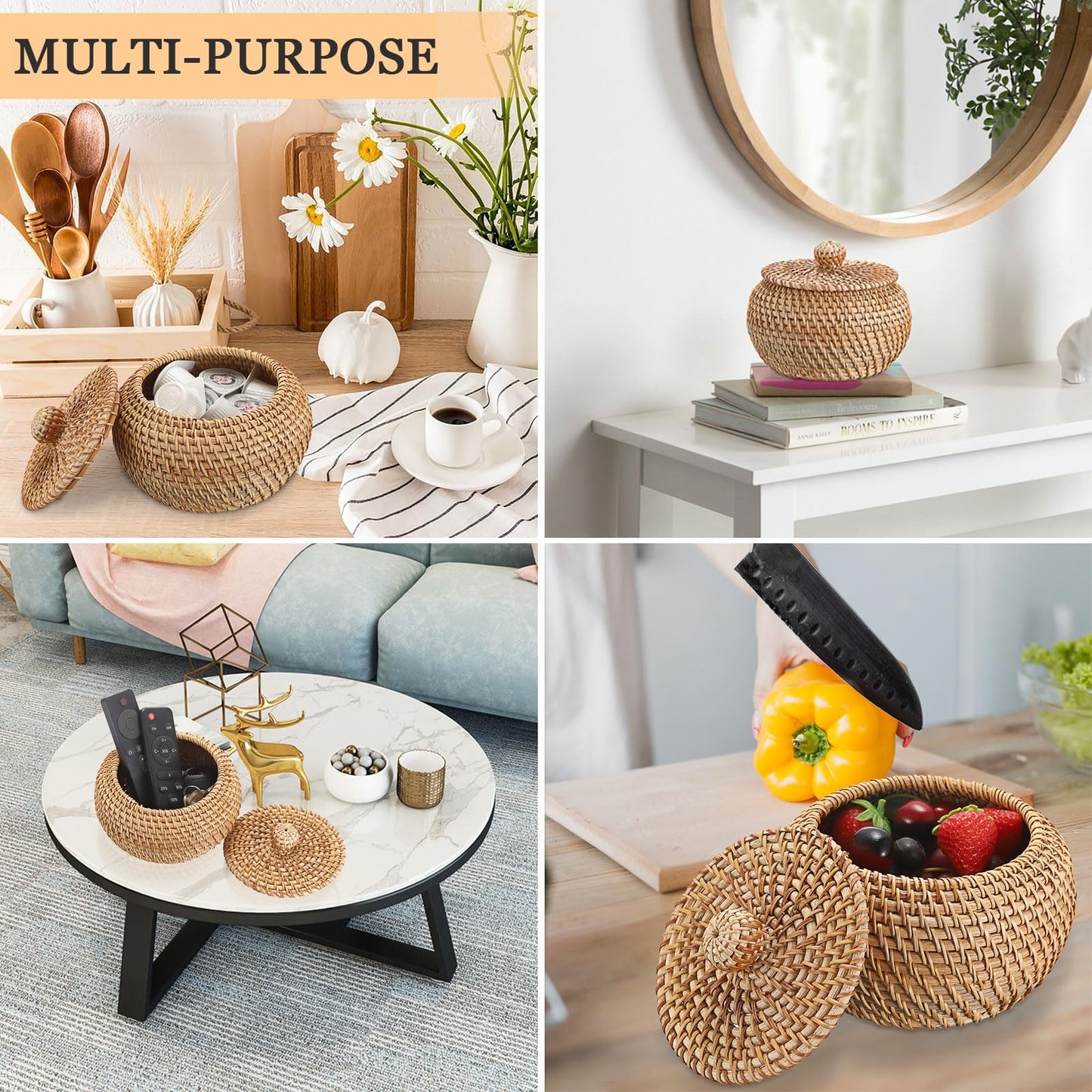 Hipiwe Round Rattan Basket Boxes With Lid Hand-Woven Wicker Storage Baskets Bin Decorative Basket Box Multi-Purpose Picnic Food Bread Basket Small Keys Basket Bowl for Entryway (X-Small,4.7"x3.3")
