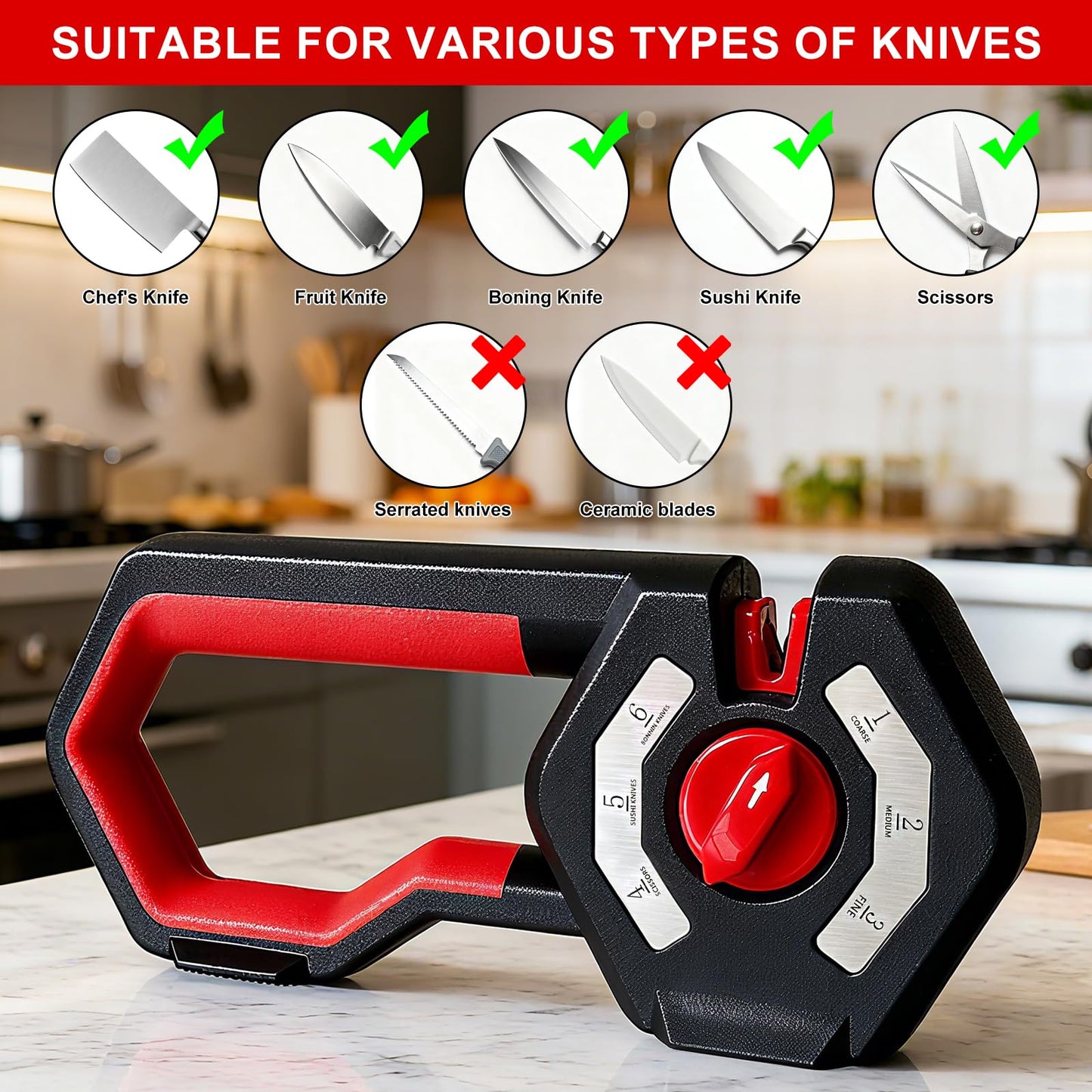 6-in-1 Knife Sharpener, Sharpening Stone Kitchen Knife Sharpener with Scissor Sharpening Slot, Ceramic Rods, Emery, Tungsten Steel Sheets, Non-Slip Base for Chefs Home Kitchen