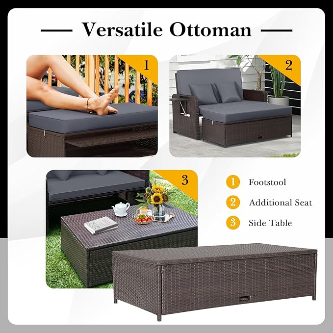 HAPPYGRILL Patio Rattan Wicker Daybed with Loveseat & Storage Ottoman, Outdoor Lounge Sofa Furniture Set with Adjustable Backrest & Side Trays, for Poolside Deck Porch Lawn (Mix Brown & Grey)