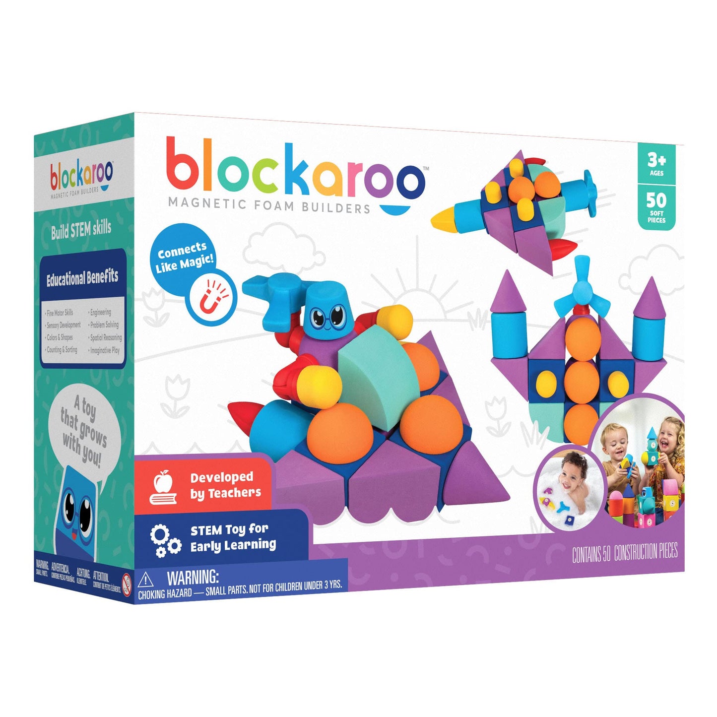 Blockaroo Magnetic Foam Building Blocks – 50-Piece Set, Bath & Bathtub Toys for Toddlers, Sensory STEM Building Blocks for Kids Ages 3-5