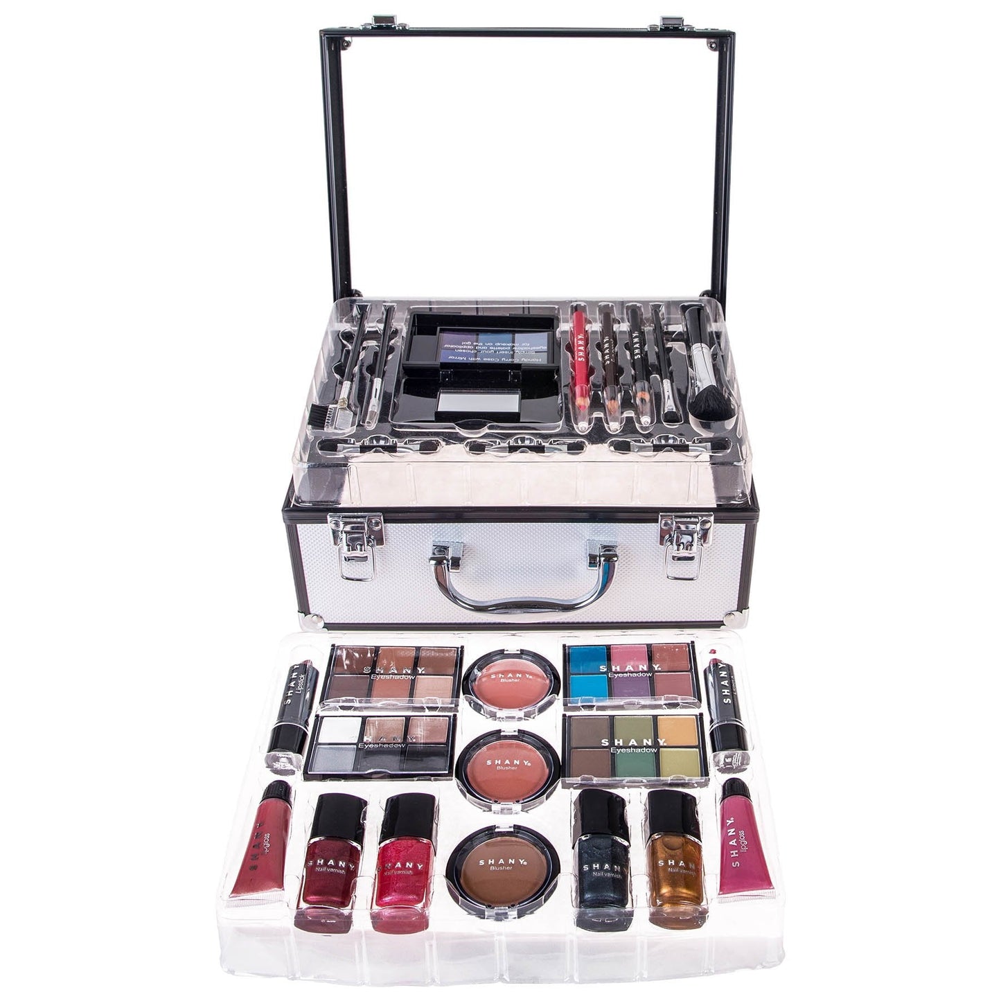 SHANY Carry All Trunk Makeup Train Case with Re-usable Aluminum Beauty Storage Organizer Case. Make up Set with Eye palettes, Blushes,Face Powders, Manicure, Pedicure and Cosmetics Brushes. GIFT SET