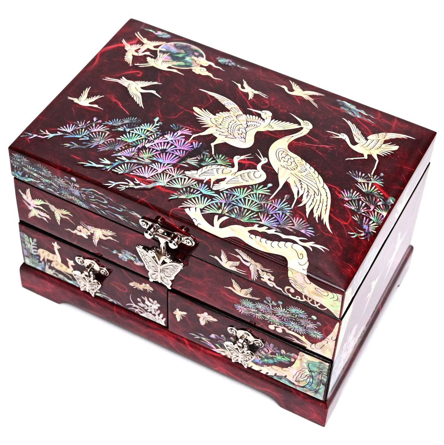 MADDesign Mother of Pearl Lacquered Jewelry Box Two Level Cranes (Red)