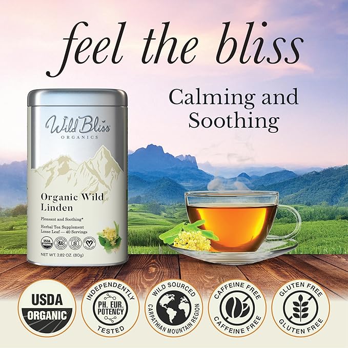 Wild Bliss Organic Linden Flower Tea - Caffeine Free Loose Leaf Calming Herbal Tea - 1.76 Ounces - 40 Servings