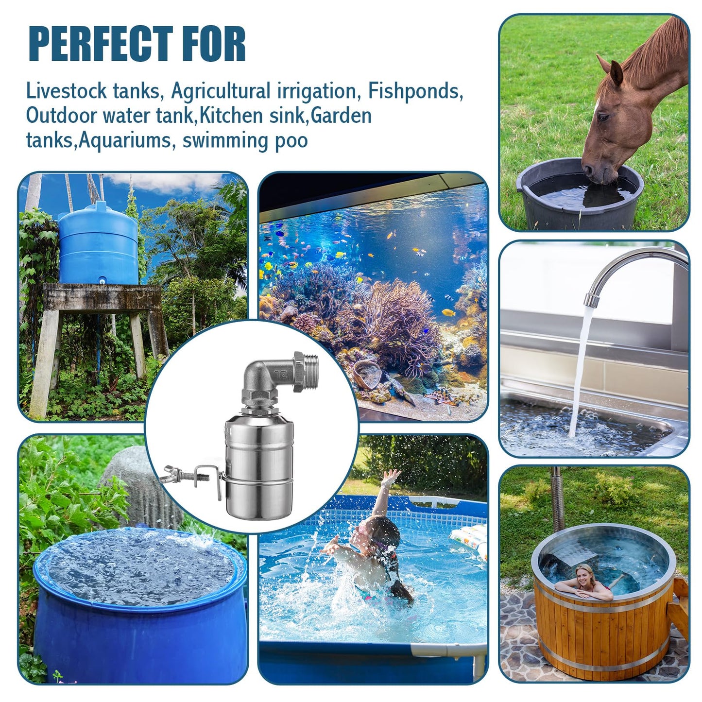 MorningRo 4 Pack Water Float Valve 1/2" to 3/4'' Auto Shut off Water Tank Float Valve 304 Stainless Steel Fully Automatic Level Control for Pool, Livestock Troughs (Regular Style)