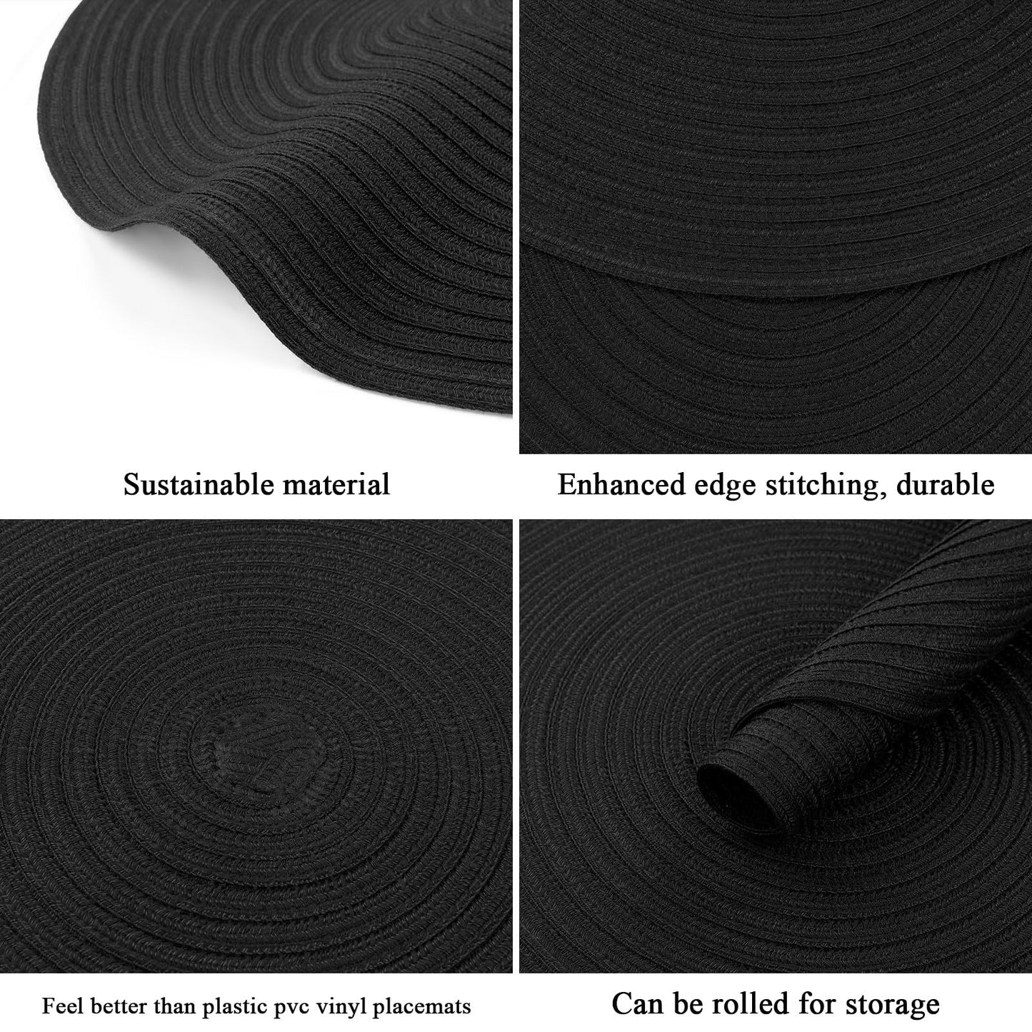 SHACOS Round Braided Placemats Set of 4 Heavy Cotton Polyester Washable Round Table Mats for Dining Tables 15 inch Non Slip Heat Resistant (Black, 4)