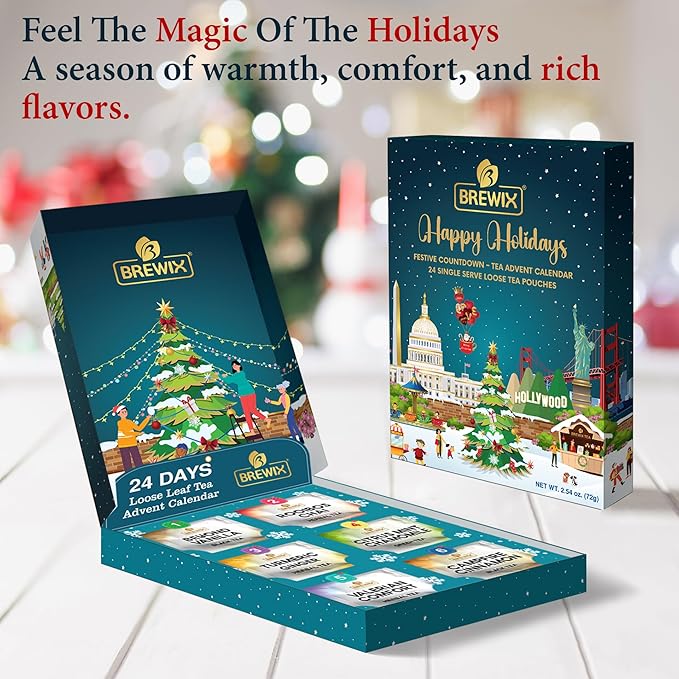 BREWIX, Tea Advent Calendar 2025 | 24 Delightful Black & Green Loose Leaf Teas - Holiday Gift Box | Christmas Advent Calendar 2025 for Adults | Gift Idea for Tea Lovers, Christmas Countdown Set | Holiday Variety Sampler for Tea Lovers