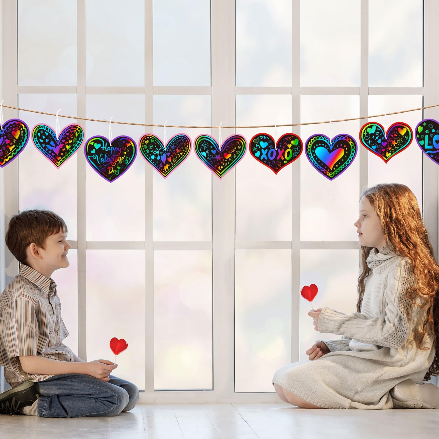 90shine 60 Sets Valentines Day Crafts for Kids Black Scratch Heart Magic Craft Art Kit Classroom Preschool Activities Party Favors