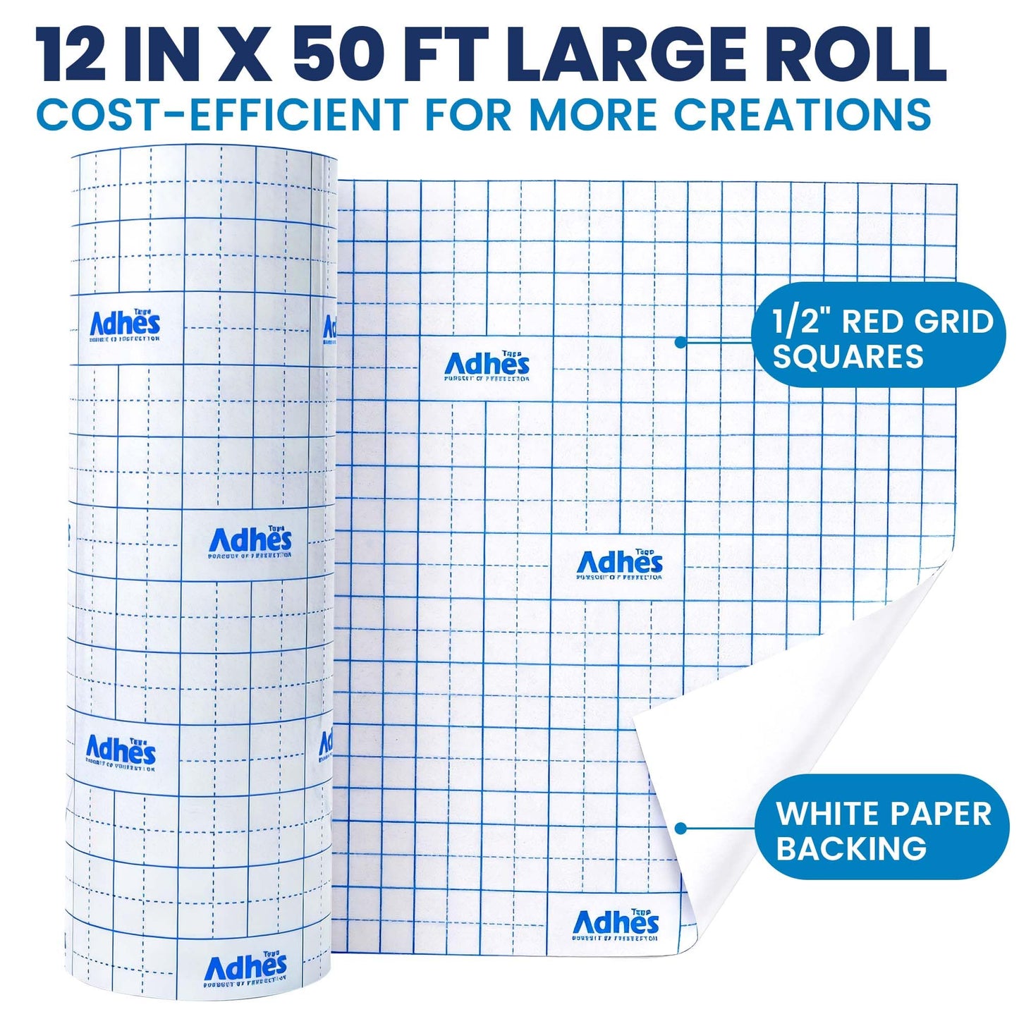 ADHES Premium Crystal Clear Transfer Tape for Vinyl with Grid, 12" x 50FT, No Stretch PET Transfer Paper Roll, Precision Application Tape for Cricut, Small Designs & Detailed Graphics
