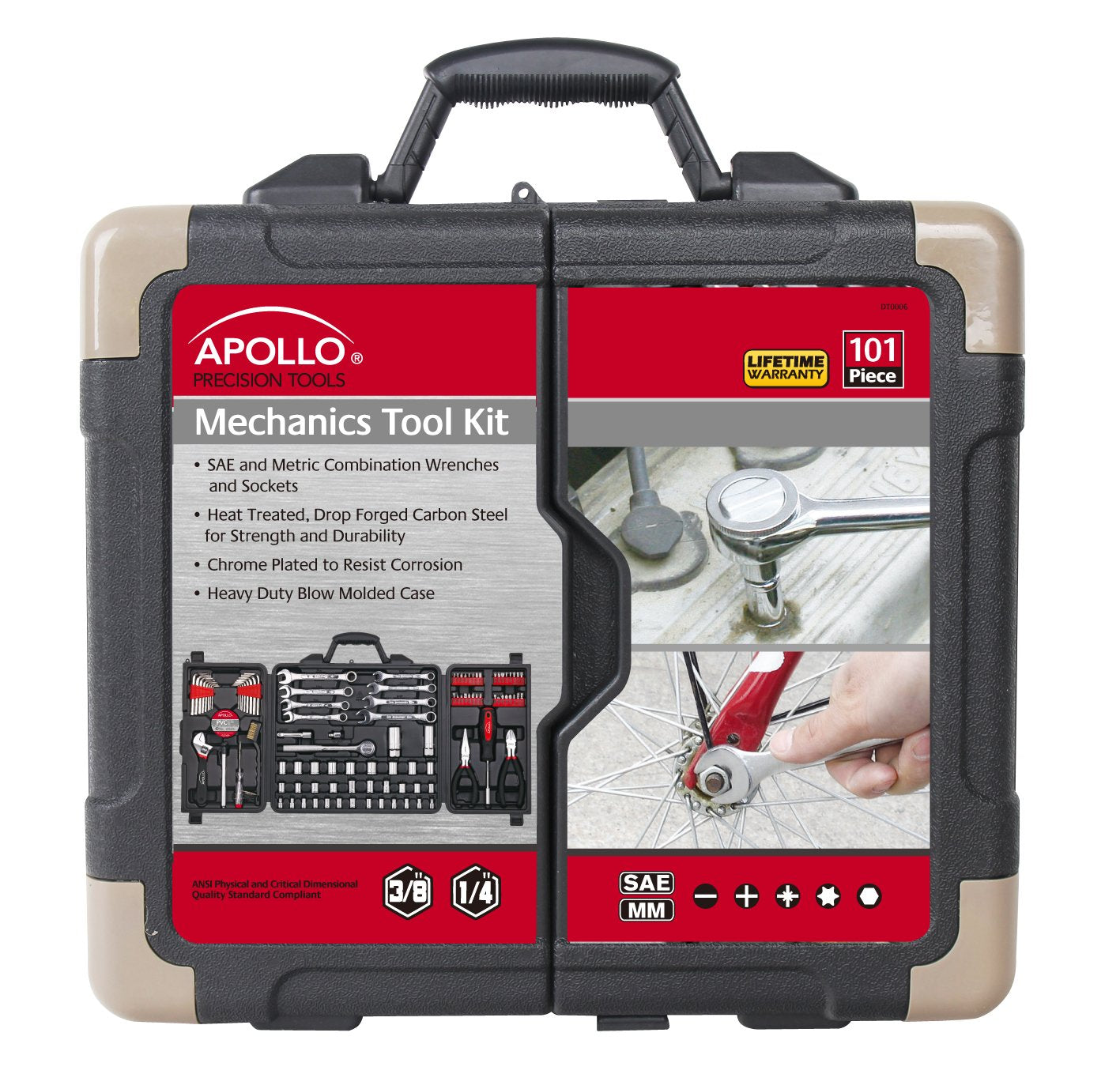 Apollo Tools 101 Piece Mechanic Tool Set for Roadside Emergencies. SAE and Metric for Mechanical Repairs for Boating, RV, Bikes, in Compact Carrying Case - Red - DT0006