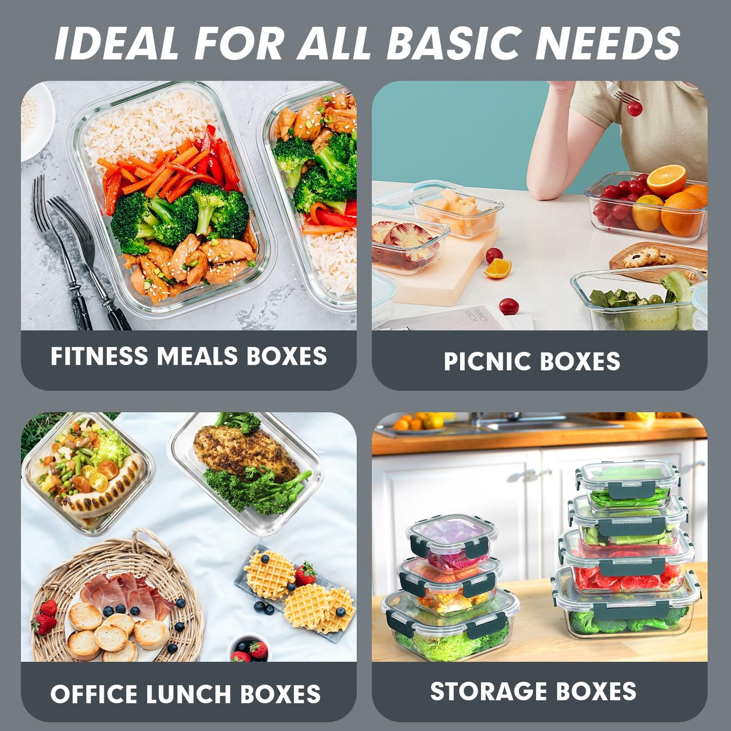 VERONES 30 Pieces Glass Meal Prep Containers Set, Stackable Glass Food Storage Containers with Lids-Airtight Lunch Containers，for Microwave, Oven, Freezer & Dishwasher,Grey