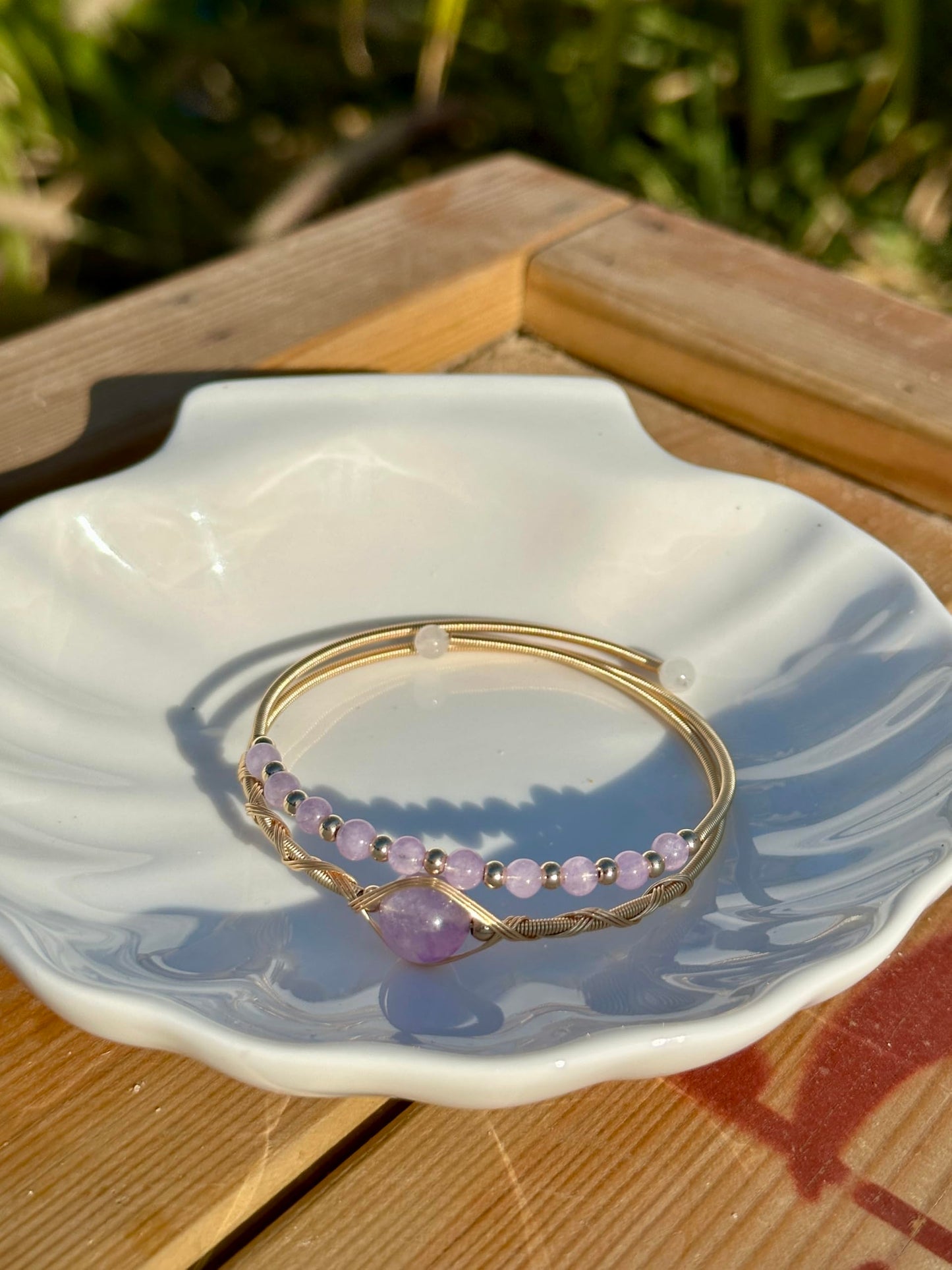 Handmade Genuine Lavender Amethyst Double Layered 14k Gold Filled Wire Wrapped Bracelet, Birthstone Chakra Healing Crystal Chips Adjustable Bangle Cuff Jewelry Gift for Women Men