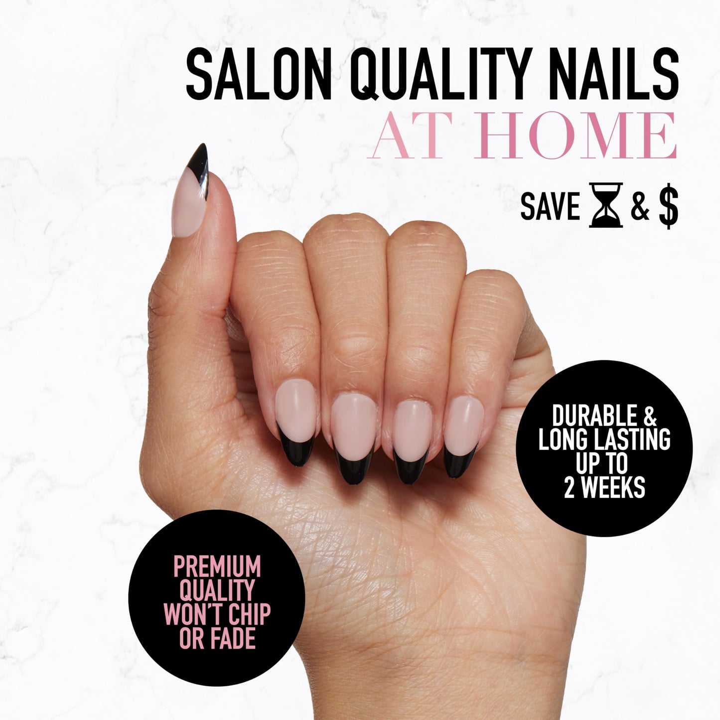Glamnetic Press-On Nails Bundle - Bare Bliss & Caviar | Medium Square Fake Nails, Nude Opaque Neutral | Short Almond Black French Tip False Nails | Durable, Salon-Quality Nail Kits
