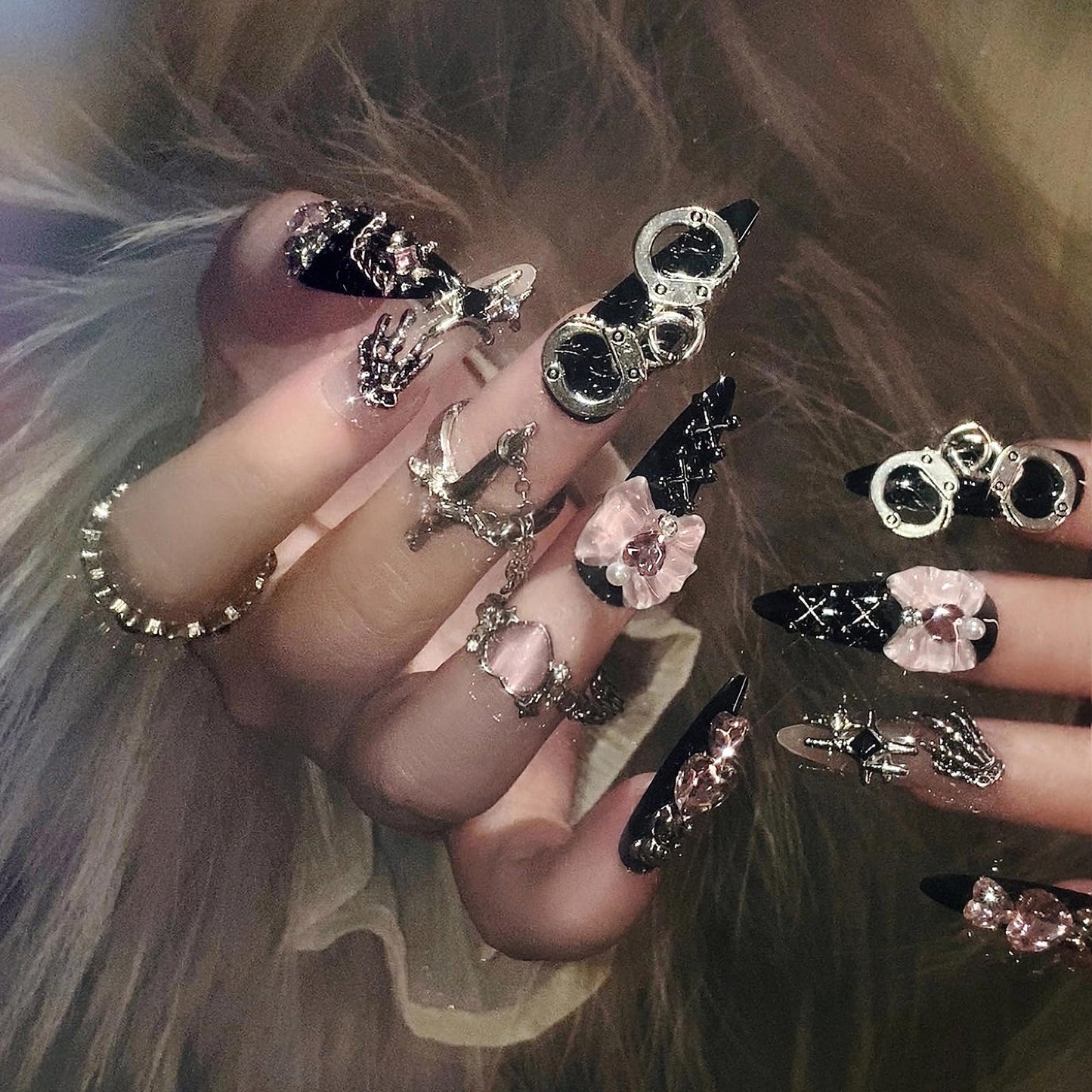 MISUD Press on Nails - Long Stiletto Fake Nails with Goth Black, Acrylic Gothic Y2K Charms Design 24 pcs