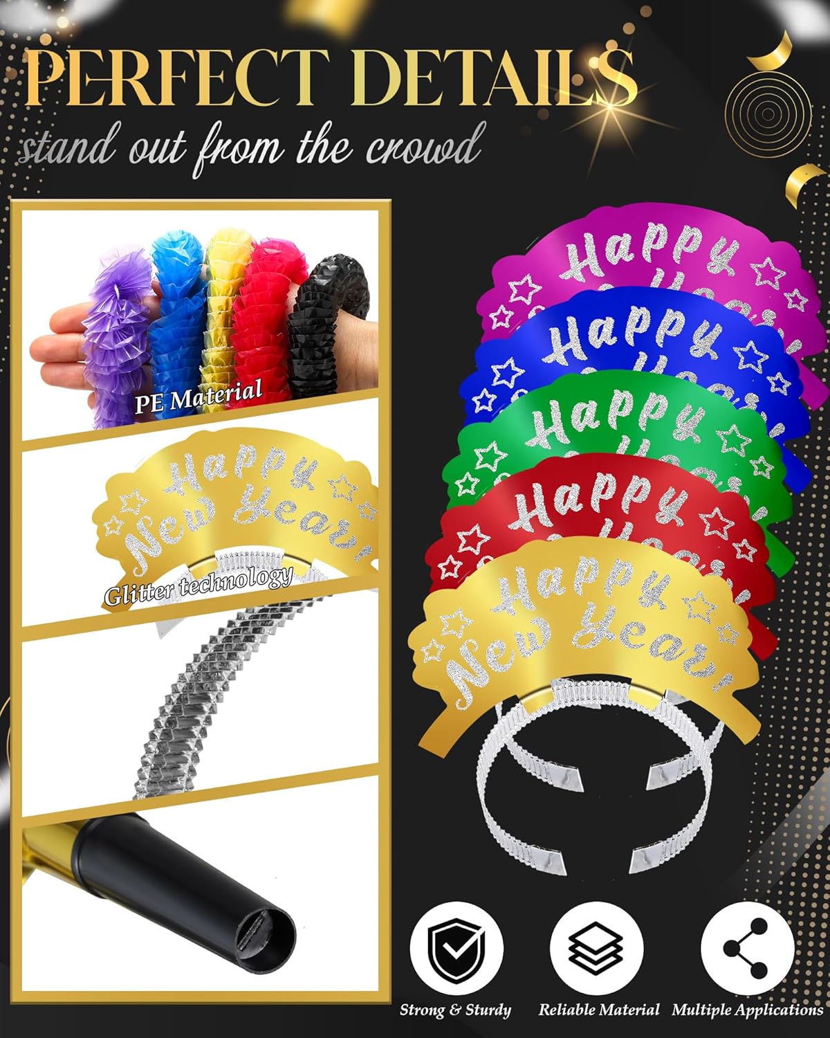 75 Pcs New Year Eve Party Supplies 2026 Midnight Party Decorations Includes Top Hats, Headband Tiara, Colorful Leis, Squawkers, Blowouts for Eve Supplies