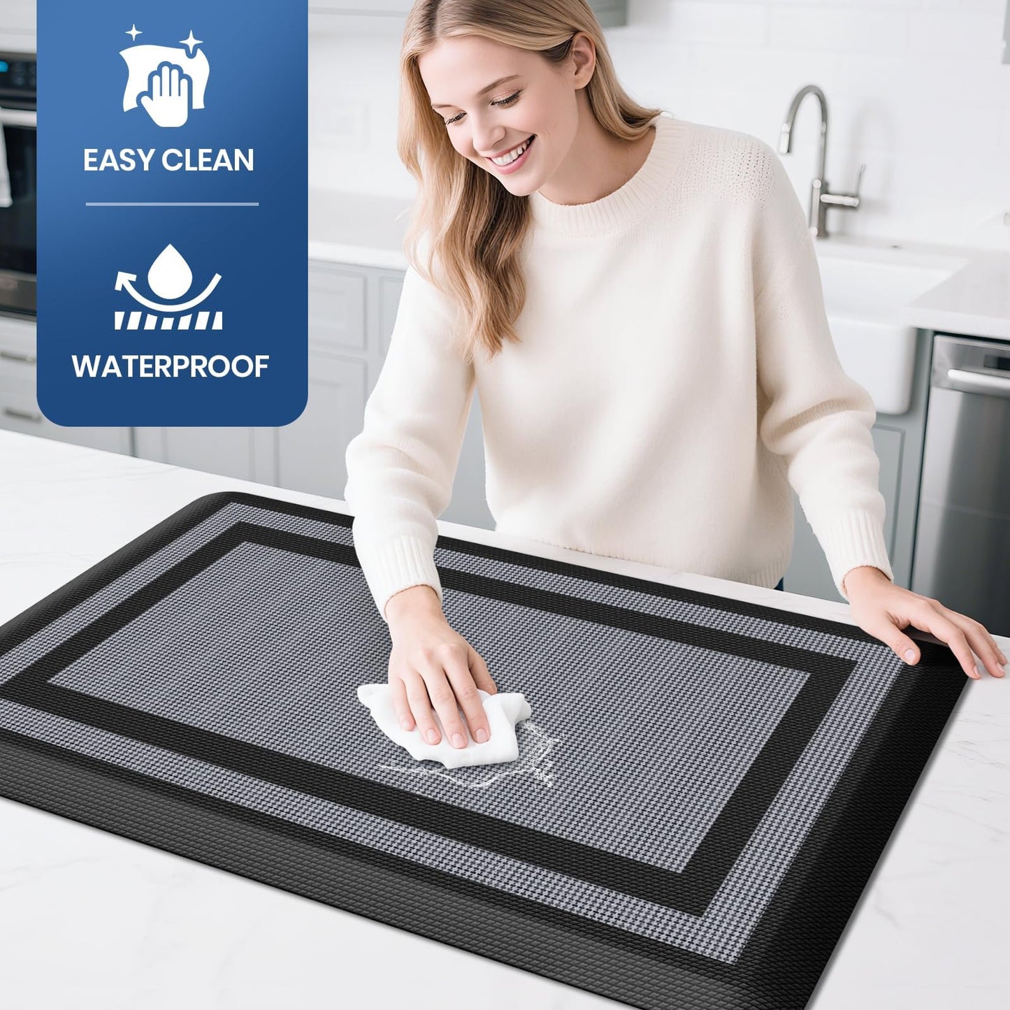 KitchenClouds [2 PCS] Kitchen Rugs Cushioned Anti-Fatigue Kitchen Mats for Floor Waterproof Kitchen Rug Set Non-Slip Comfort Standing Mat for Office, Sink, Laundry 17.3"×29"+17.3"×47",Black