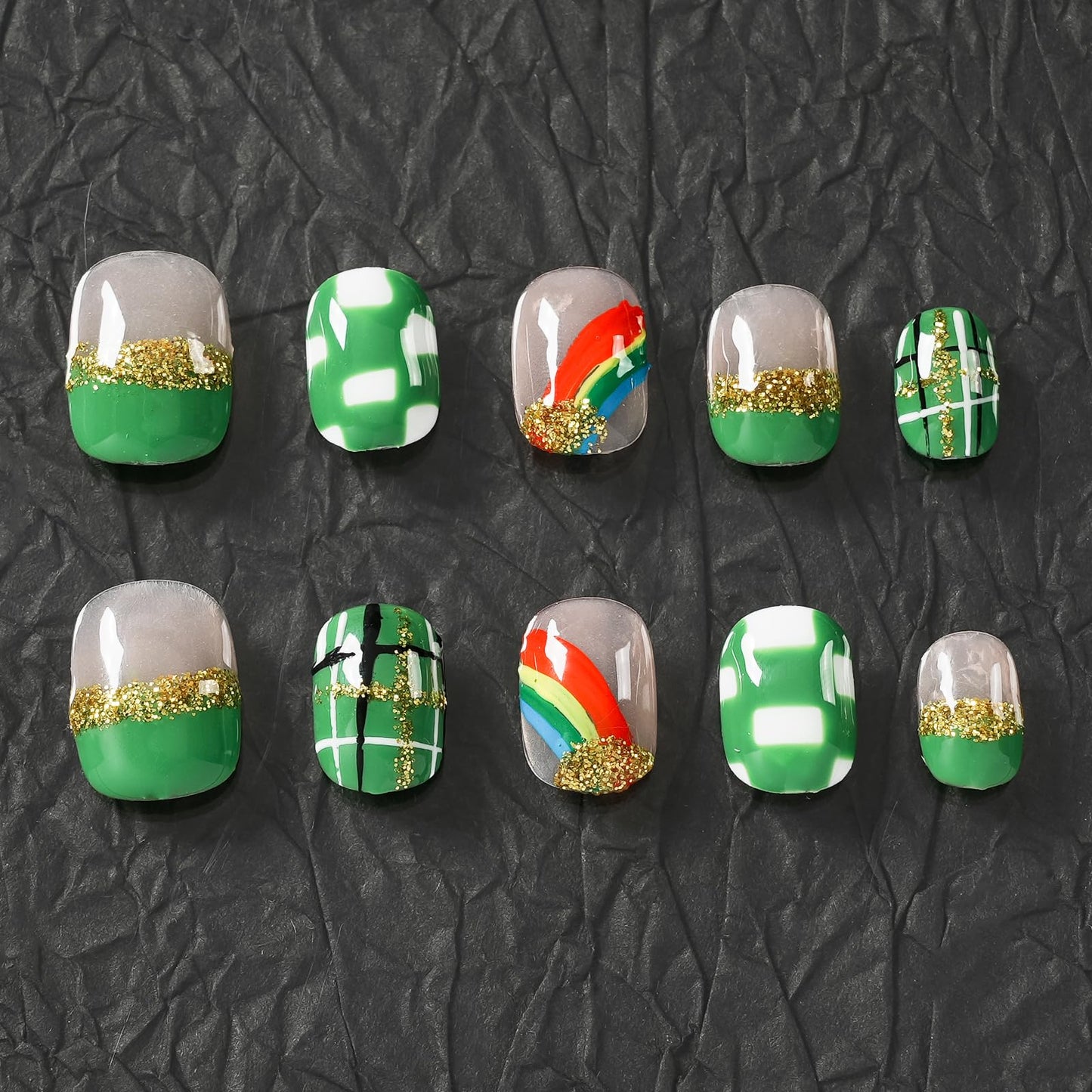 Tesytto Extra Short Press On Nails - Nude Base with Green French Tips & Gold Glitter, Hand-Painted Plaid & Rainbow,Easy to Apply & Remove (Size M)