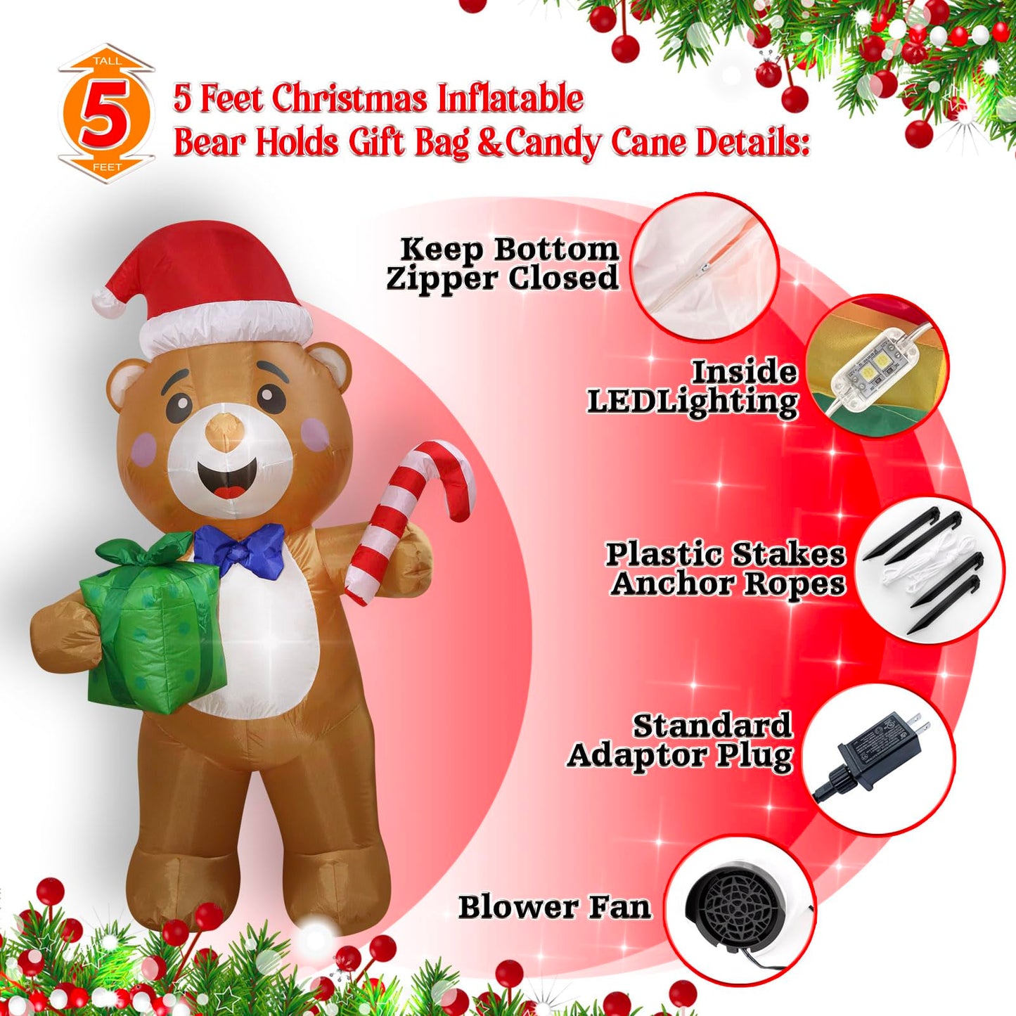Christmas Inflatables Bear Gift Box Candy Cane Lighted Yard Lawn Inflatable Decoration with Built-in Fan and Stakes Ropes Holiday Party Decor, Christmas Decor (5FT-Bear Holds Giftbox & Candy Cane)