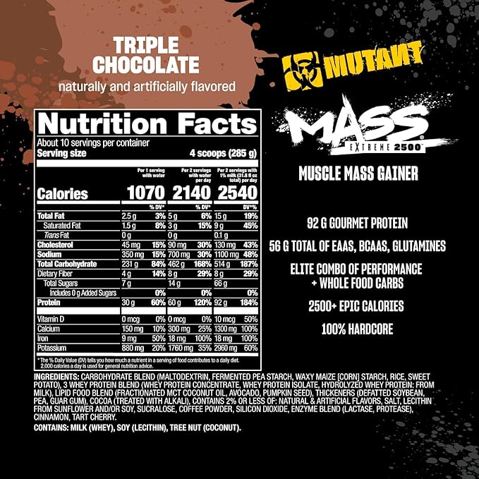Mutant Mass Extreme Gainer – Whey Protein Powder – Build Muscle Size and Strength – High Density Clean Calories (Triple Chocolate, 6 lbs)