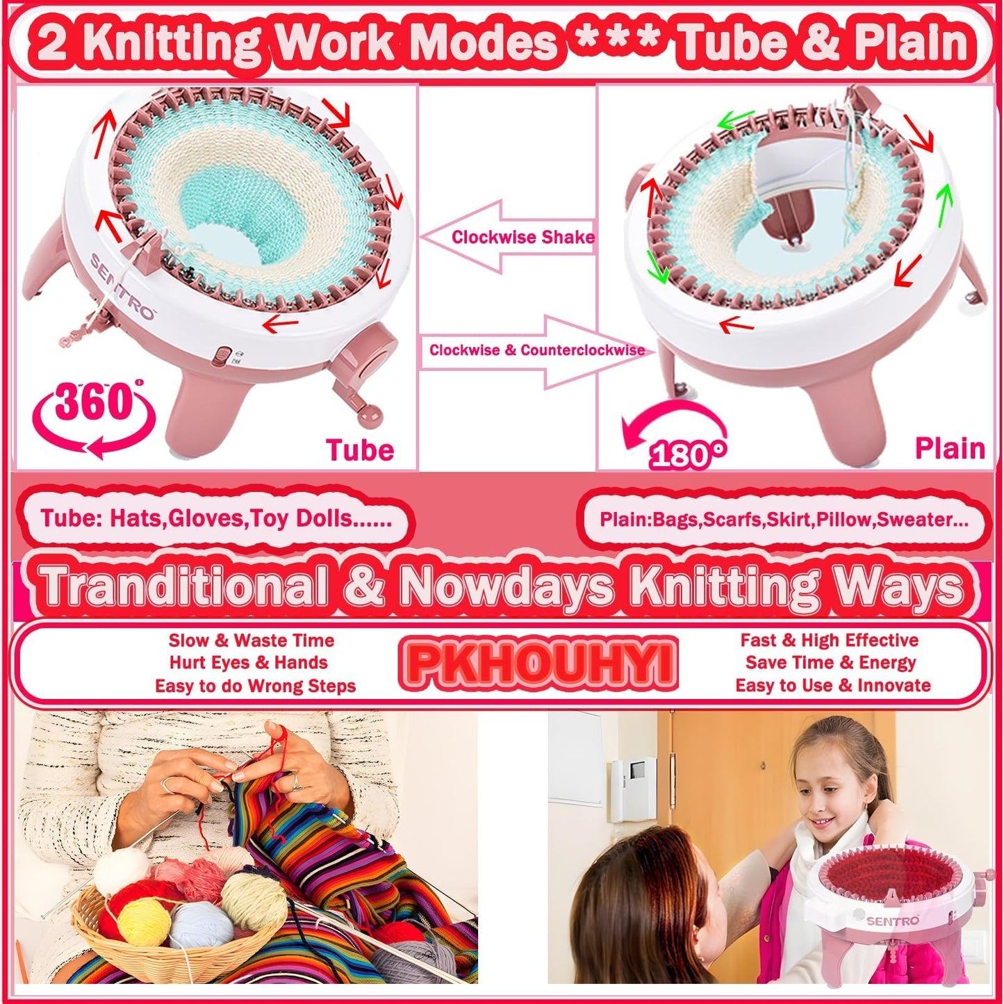 PKYOHYI Sentro Knitting Machine, Sentro 40 Needles Knitting Machine Automatic Circular Weaving Spinning Knitting Loom Machine Kit for Adults and Beginners for Scarf, Hats, Sweater, Kintting Toys