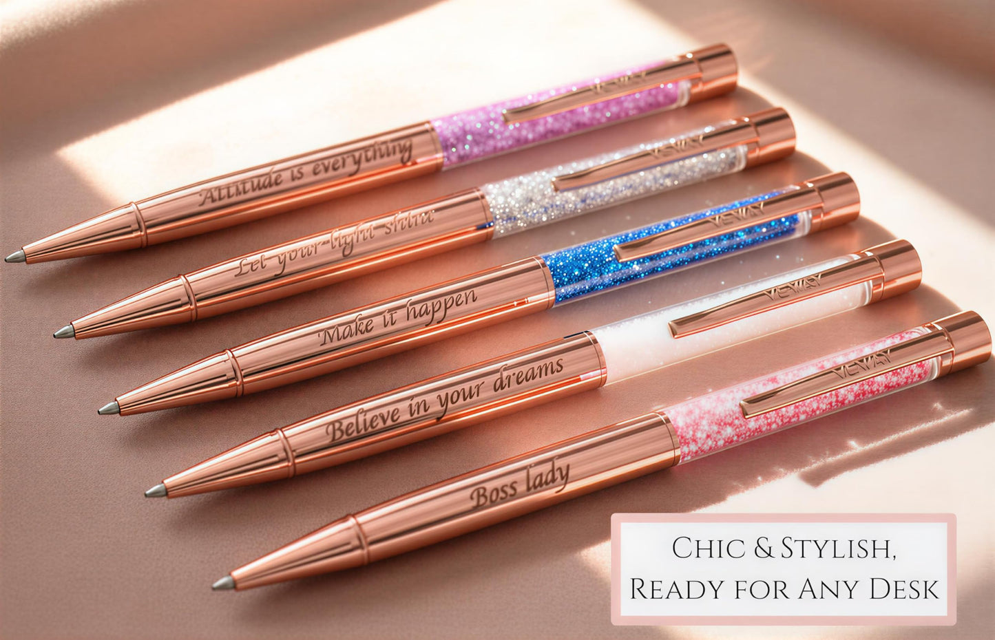 Veway - Luxury Pens for Women, 5 Glitter Rose Gold Writing Pens, Exclusive Pen Sets for Women Gift, Refillable Ballpoint Gift Set for Teachers, Executives & Special Occasions