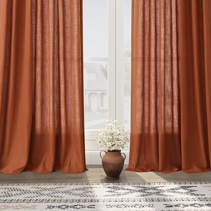 Nanspring Terracotta Semi Sheer Curtains 72 Inches Long 2 Panels Set for Bedroom Back Tab Rod Pocket Light Filtering Drapes Cotton Linen Textured Brick Burnt Orange Living Room Curtain 52X72 Inch