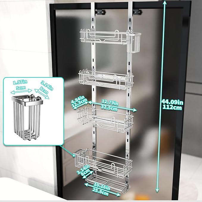 HapiRm 5 Tier Over the Door Shower Caddy, Hanging Shower Caddy with 28 Hooks and 2 Toothbrush Holders, No Drilling Adjustable Hanging Bathroom Organizer - Silver