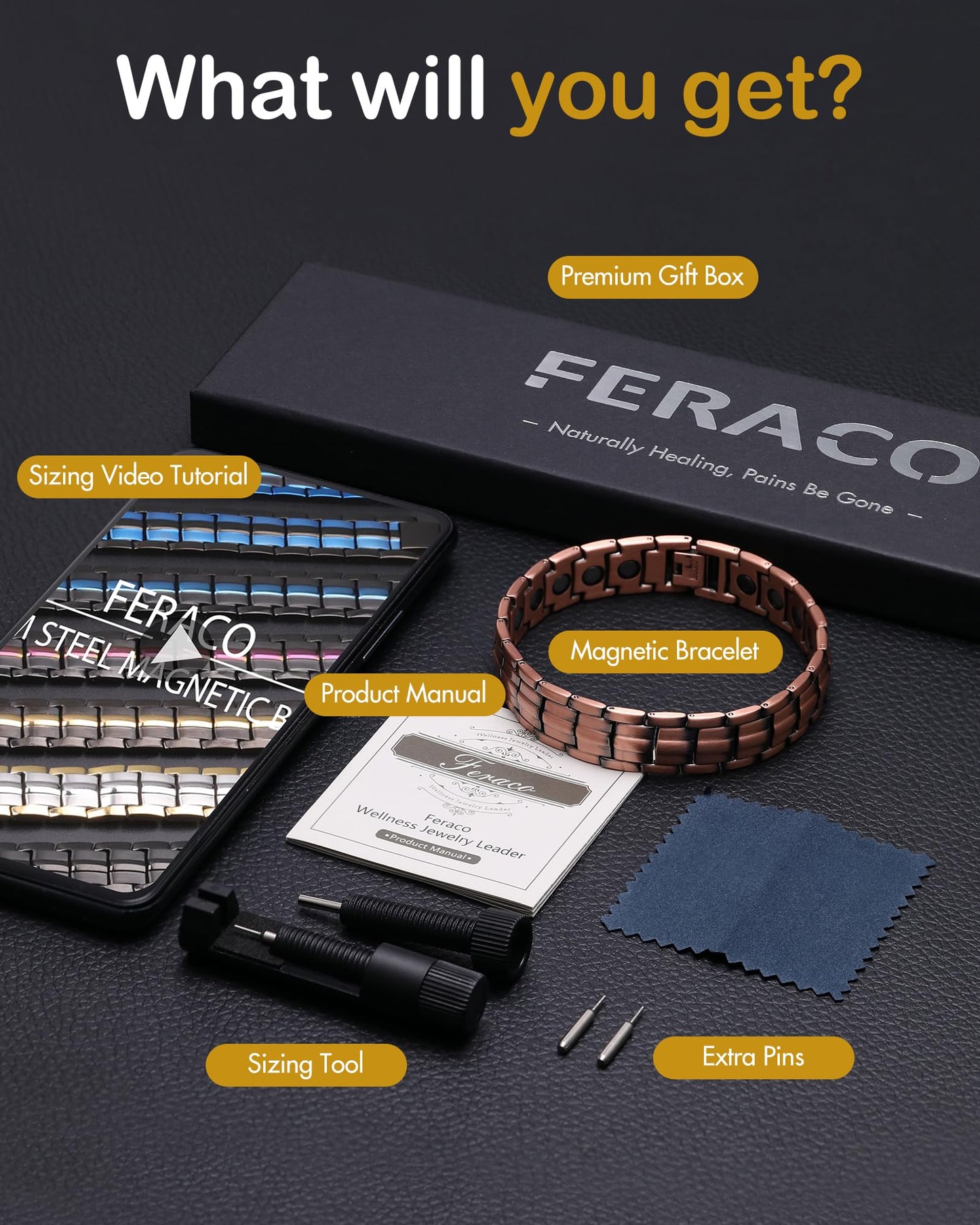 Feraco Copper Bracelet for Men-Magnetic Bracelets 99.99% Pure Copper Jewelry Gift with Adjustable Sizing Tool, Magnetic Field Therapy Jewelry