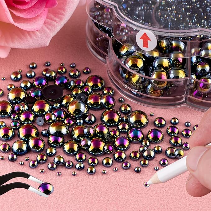 Nail Art Flat Back Half Round Pearl Kits 15, 1 Box of 6000 Pcs Flat-Back Black AB Pearl with Tweezer and Picker Pencil for Home DIY Nails Body Face Craft and Salon Use