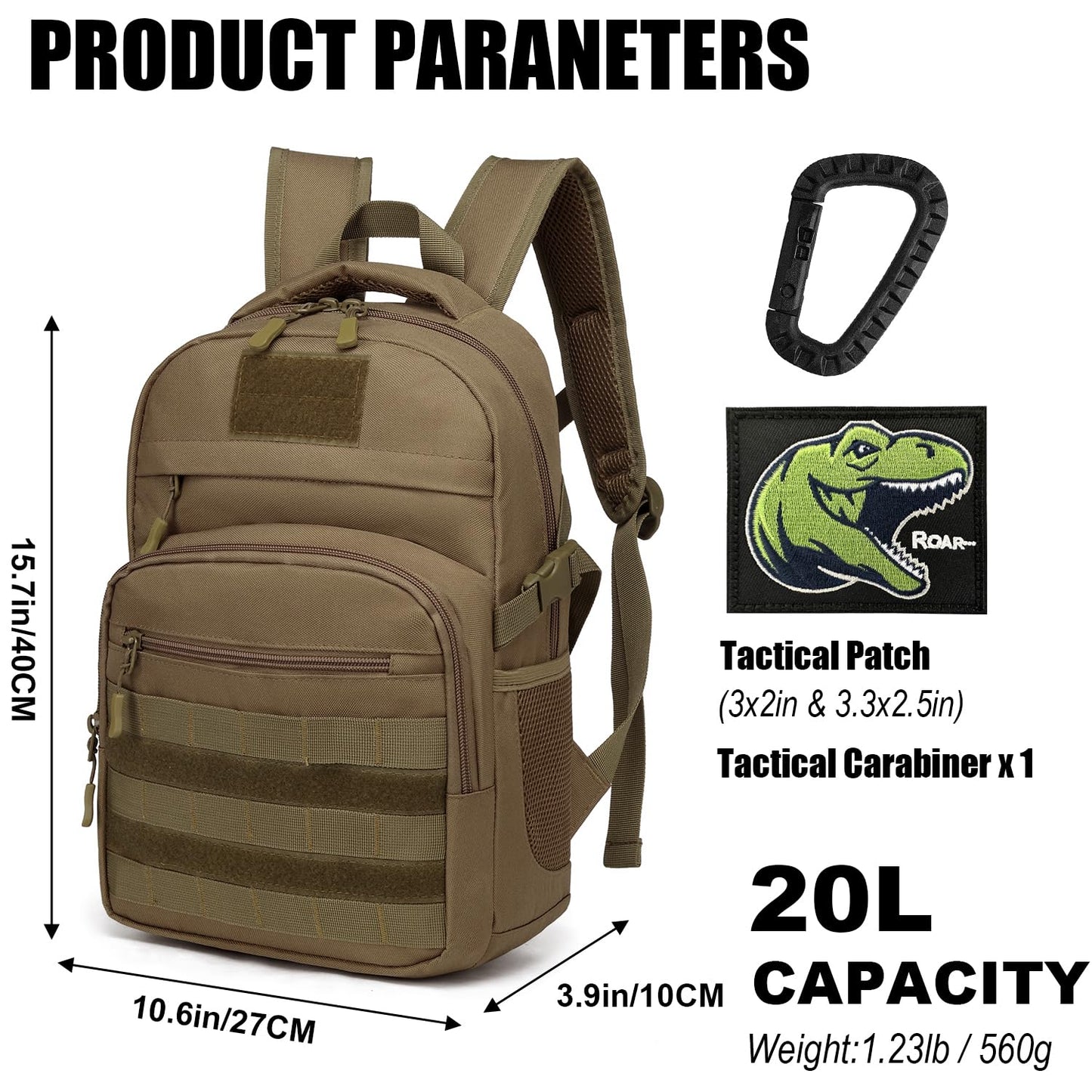 SunForMorning Kids Tactical Backpack Army Molle Bookbag Military Boys Backpack for School, Outdoor, Camping (Includes 2 Patches +1 Carabiner), Brown