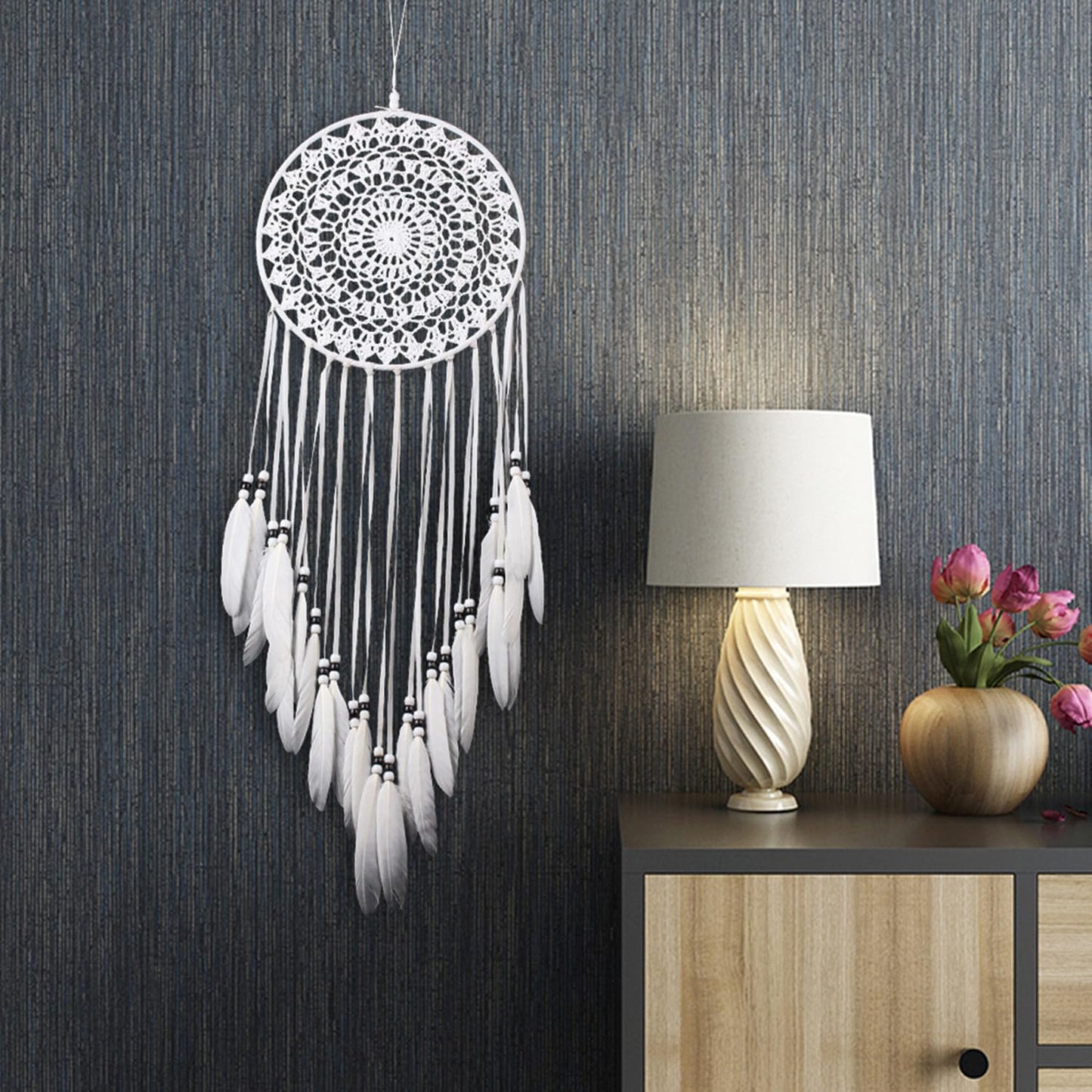 Large White Dream Catcher, Handmade Crochet Macrame Feather Dreamcatcher | Bohemian Wall Hanging Home Decor for Bedroom, Nursery, Living Room & Wedding.