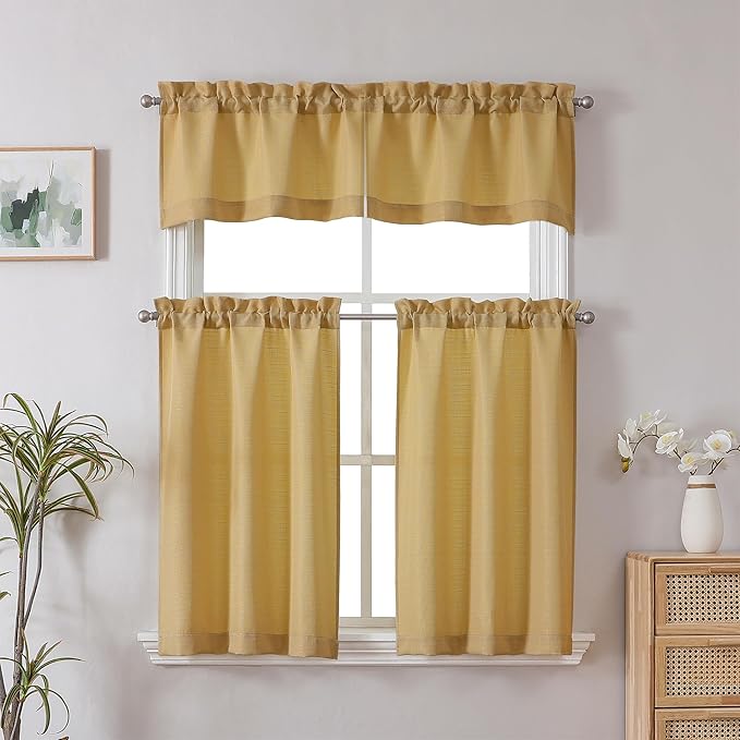 Chyhomenyc 24 Inch Length Gold Faux Linen Textured Small Cafe Curtains, Light Filtering Short Camper Curtains for RV Window Bathroom, 30x24 Inch, 2PCS