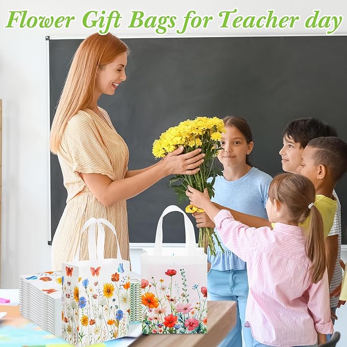 Wesnoy 24 Pcs Floral Gift Bags with Handle Wildflower Reusable Non Woven Tote Bags for Wedding Birthday Party Favor Supplies