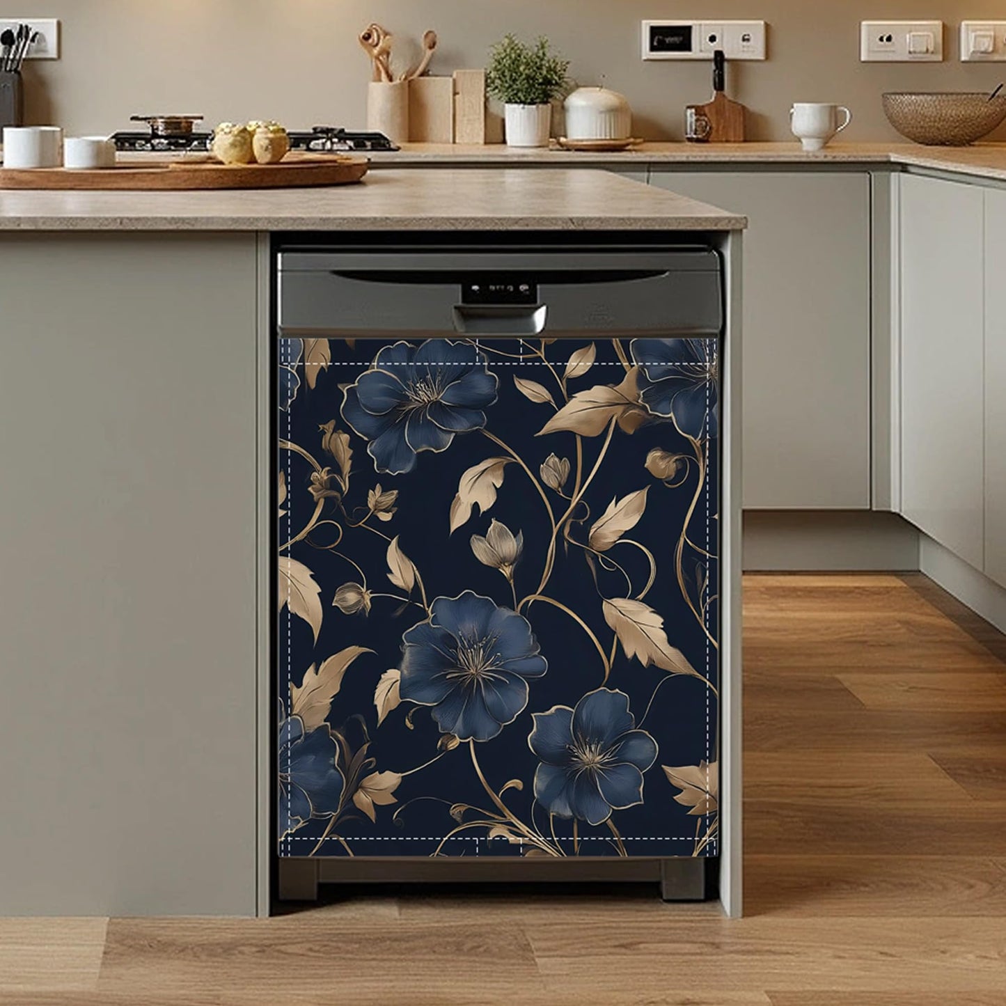 Black Flowers Dishwasher Magnet Cover,Front Dishwasher Cover Decoration Reusable Decorative Magnetic Cover for Home Kitcen Appliance 23x26 Inch
