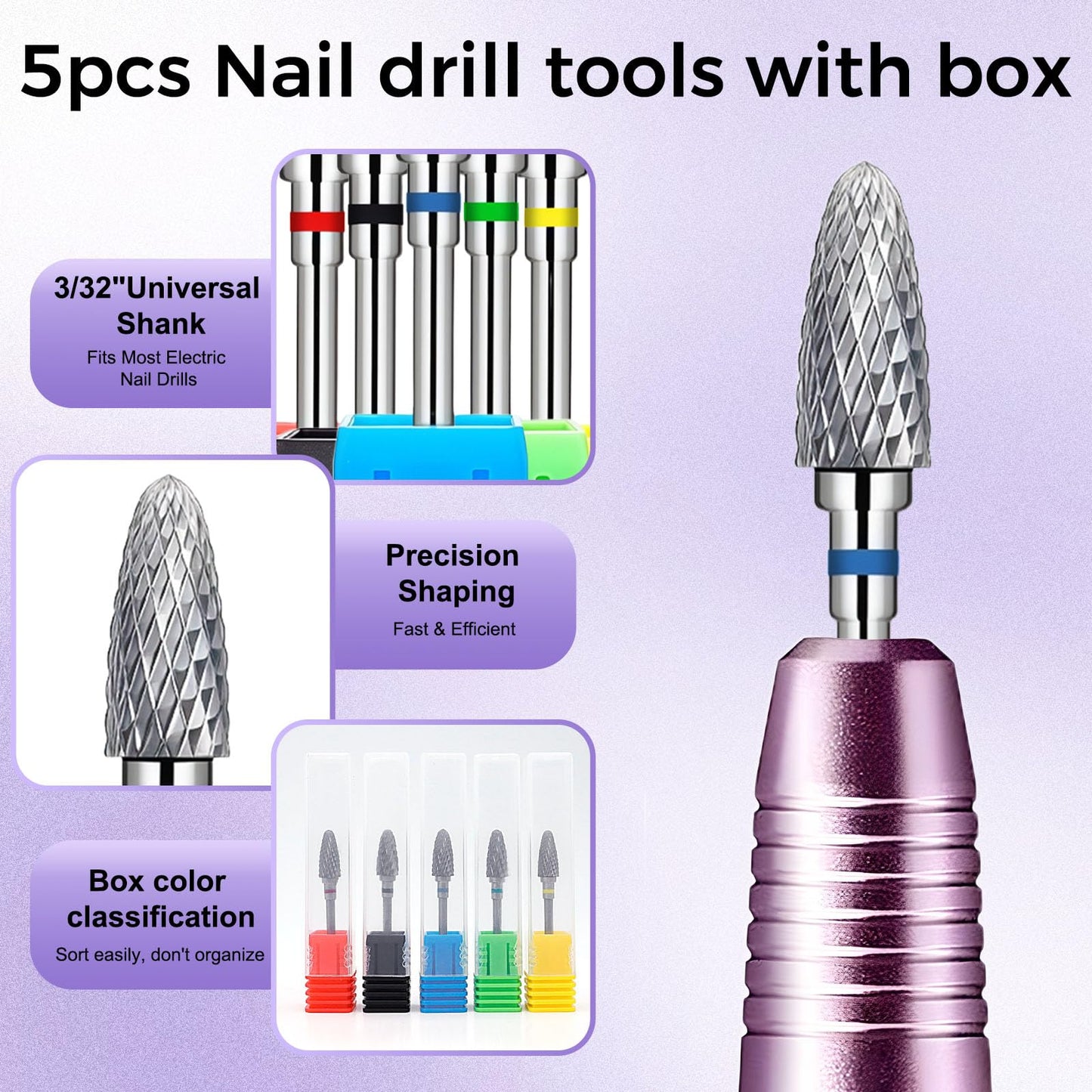 Fantexy Nail Drill Bits Set for Acrylic Nails,3/32 Inch Professional Tungsten Nail File Bits Nail Art Tools,Manicure Pedicure Shapen Remove Tools, Home Salon Use(5Pieces